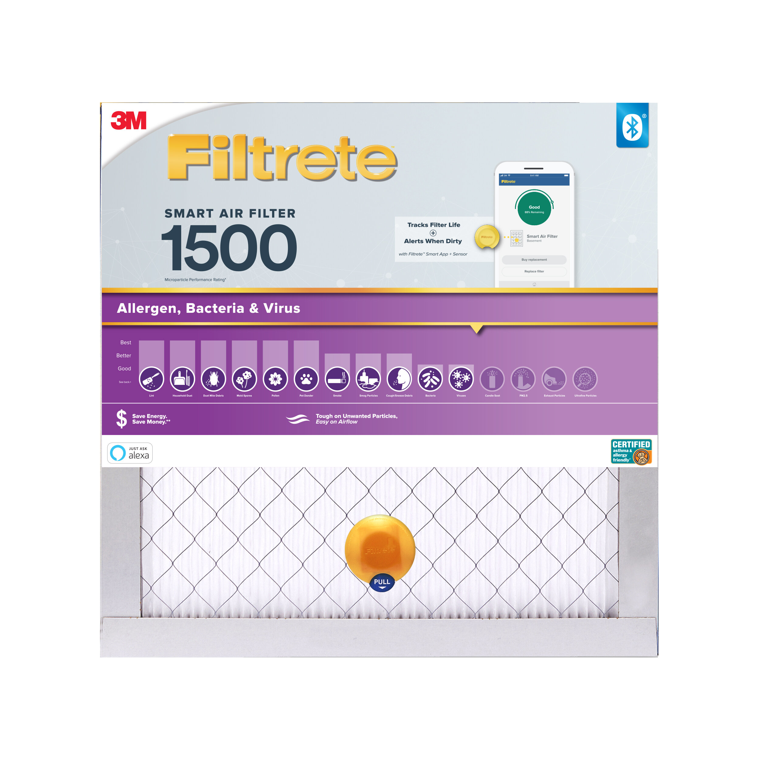 Filtrete S-2002DC-9 20-in W x 20-in L x 1-in MERV 12 1500 Smart Allergen, Bacteria and Virus Electrostatic Pleated Air Filter