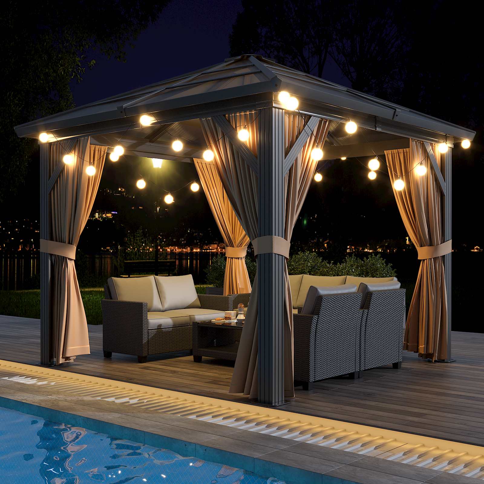 Qeetex SQY-POU-3ALYDCJE 10 X 10 Canopy Gazebo PC Patio Canopy with Mosquito Curtain Netting Anti-UV Permanent Pavilion for Patio Backyard Lawn Grey
