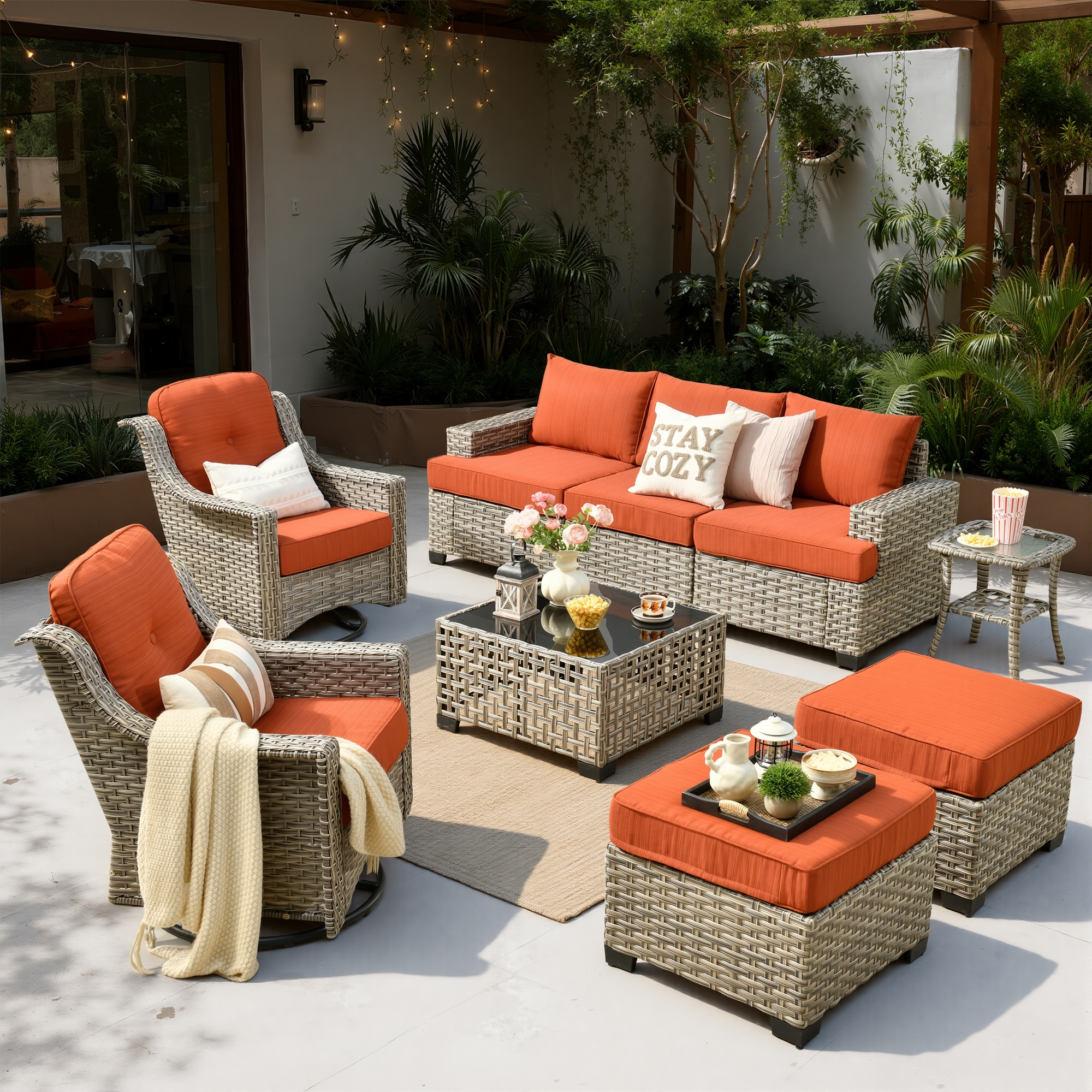 XIZZI - Agate 7 -Piece Wicker Patio Conversation Set with Orange Cushions Included