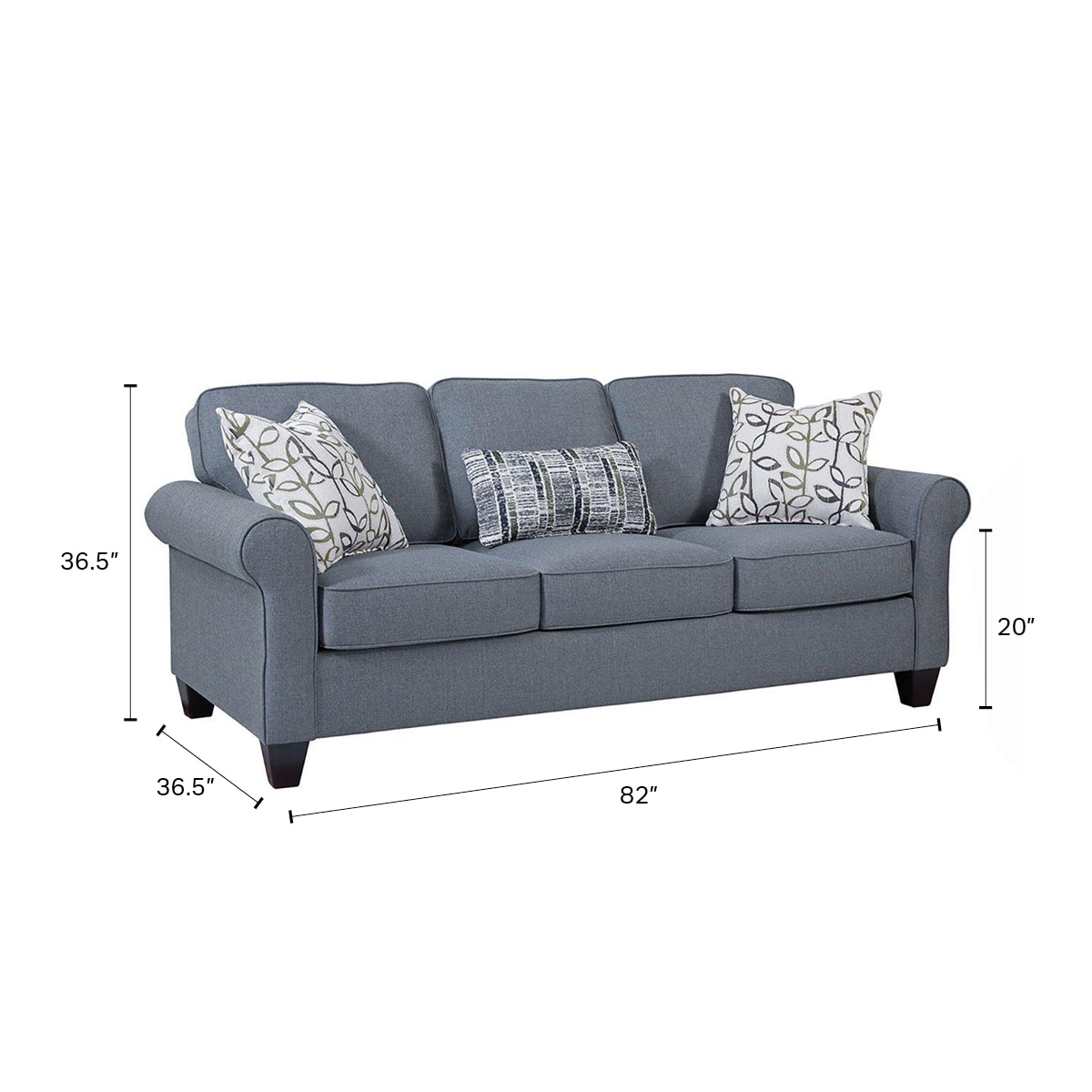Classic Cottage Blue Fabric Sofa with Rolled Arms and Pillows