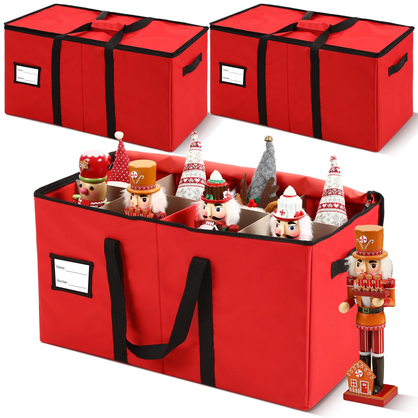 Aoibox  3 Pack Christmas Nutcracker Storage Box 25.6 x 12.6 x 13.4 Inch 600D Canvas Holds 24 Figurines with Lids Handles and Adjustable Dividers Red