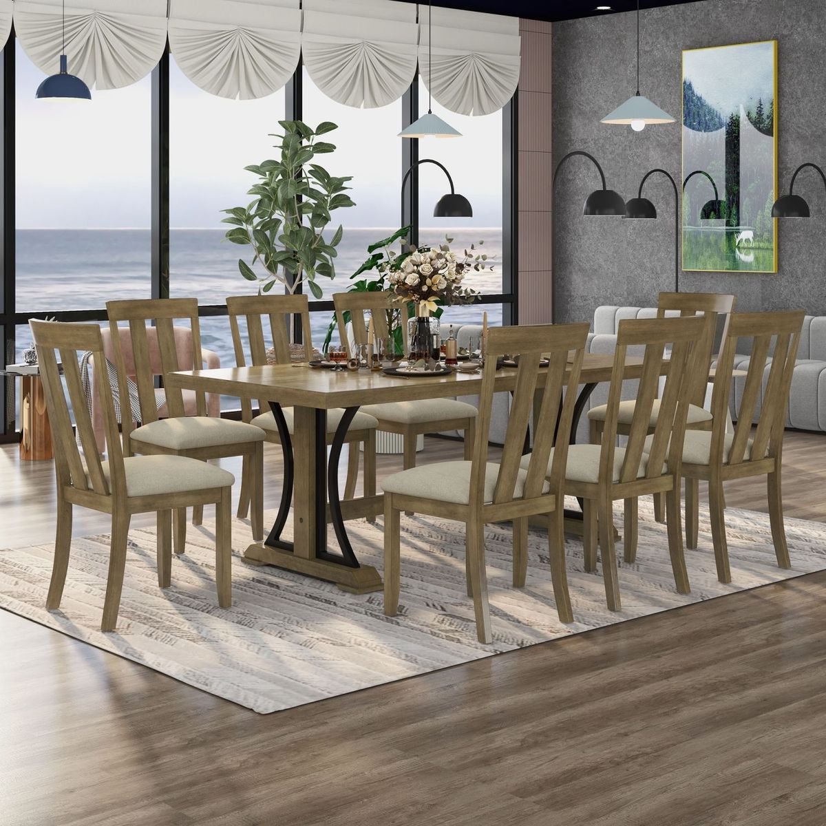 JASMODER ST000721AAD Natural Walnut Contemporary/Modern Dining Room Set with Rectangular Table (Seats 8)