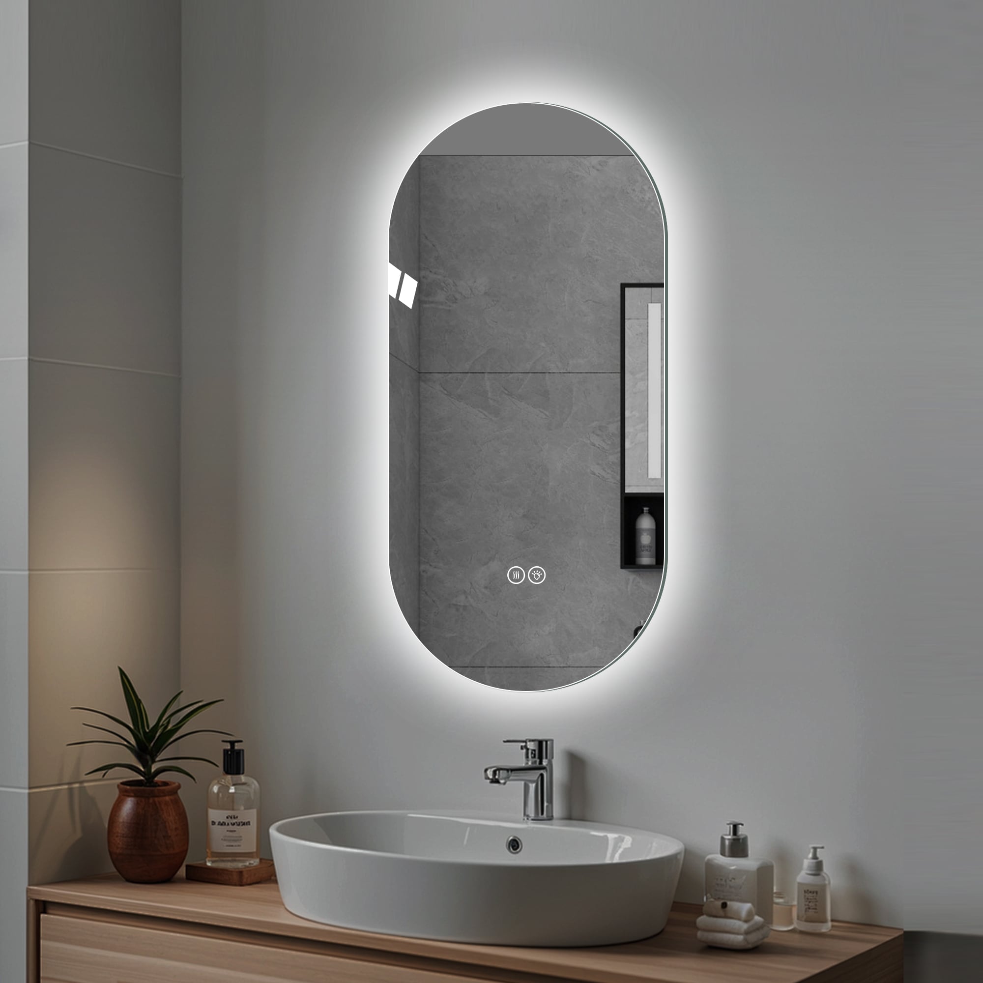 Iseryn 24-in x 48-in Polished Frameless Oval Dimmable LED Lighted Fog Free Bathroom Vanity Mirror ( Silver )