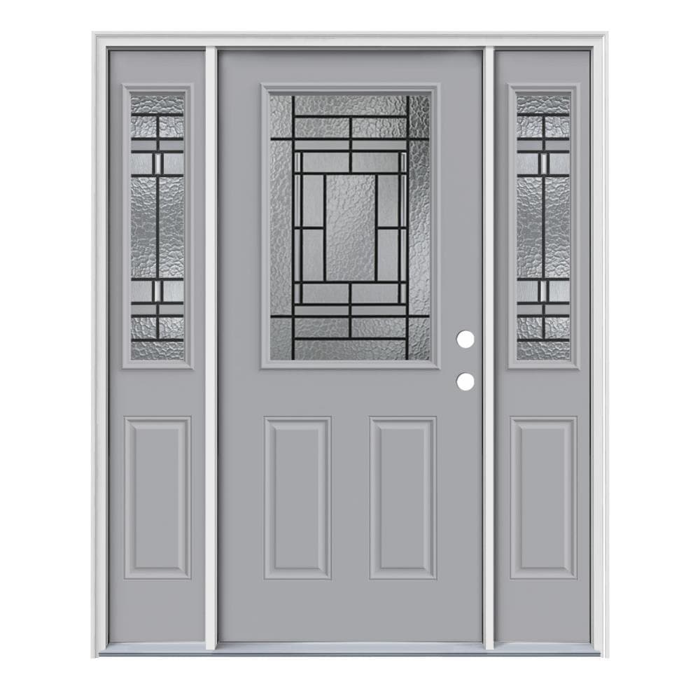 JELD-WEN LOWOLJW167000842 Pembrook 64-in x 80-in Steel Half Lite Left-Hand Inswing Infinity Grey Painted Prehung Front Door with Sidelights with Brickmould Insulating Core