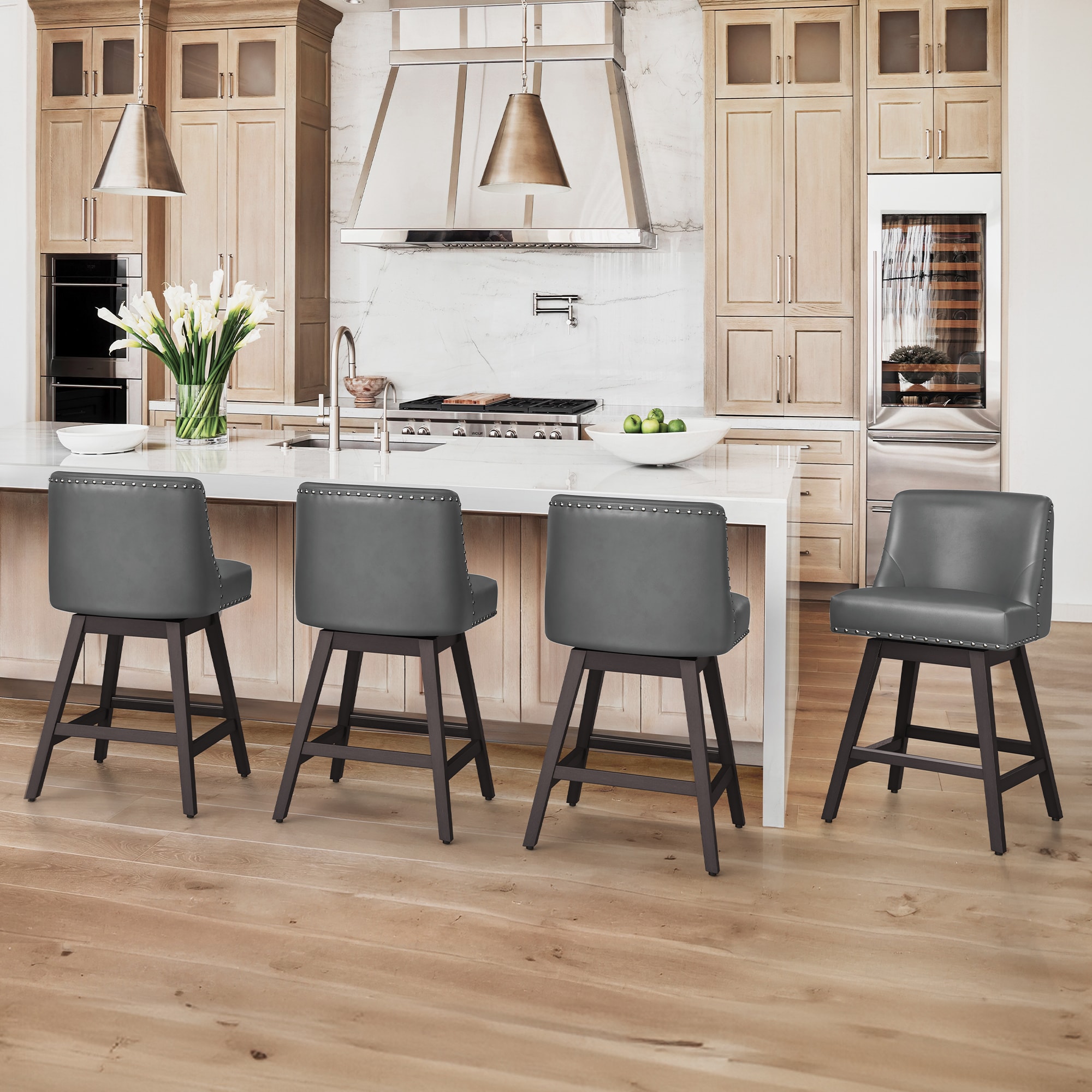 LUE BONA 4YB-039-07LS Set of 4 Gray 26-in H Counter height (24-in to 27-in) Square Seat Upholstered Swivel Wood Back Bar Stool Back