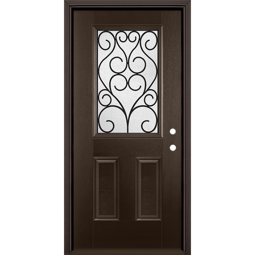 Masonite 3420703 Iron Springs 36-in x 80-in x 4-9/16-in Fiberglass Half lite Left-hand inswing Walnut Stained Prehung Front Door with Brickmould Insulating core