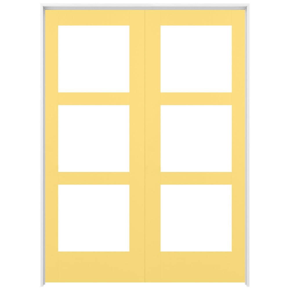 RELIABILT LO1370407 48-in x 80-in Marigold Solid core 3-panel square Frosted glass Reversible/Universal Smooth Prefinished Pine Wood Flat Jamb Double Prehung Interior Door