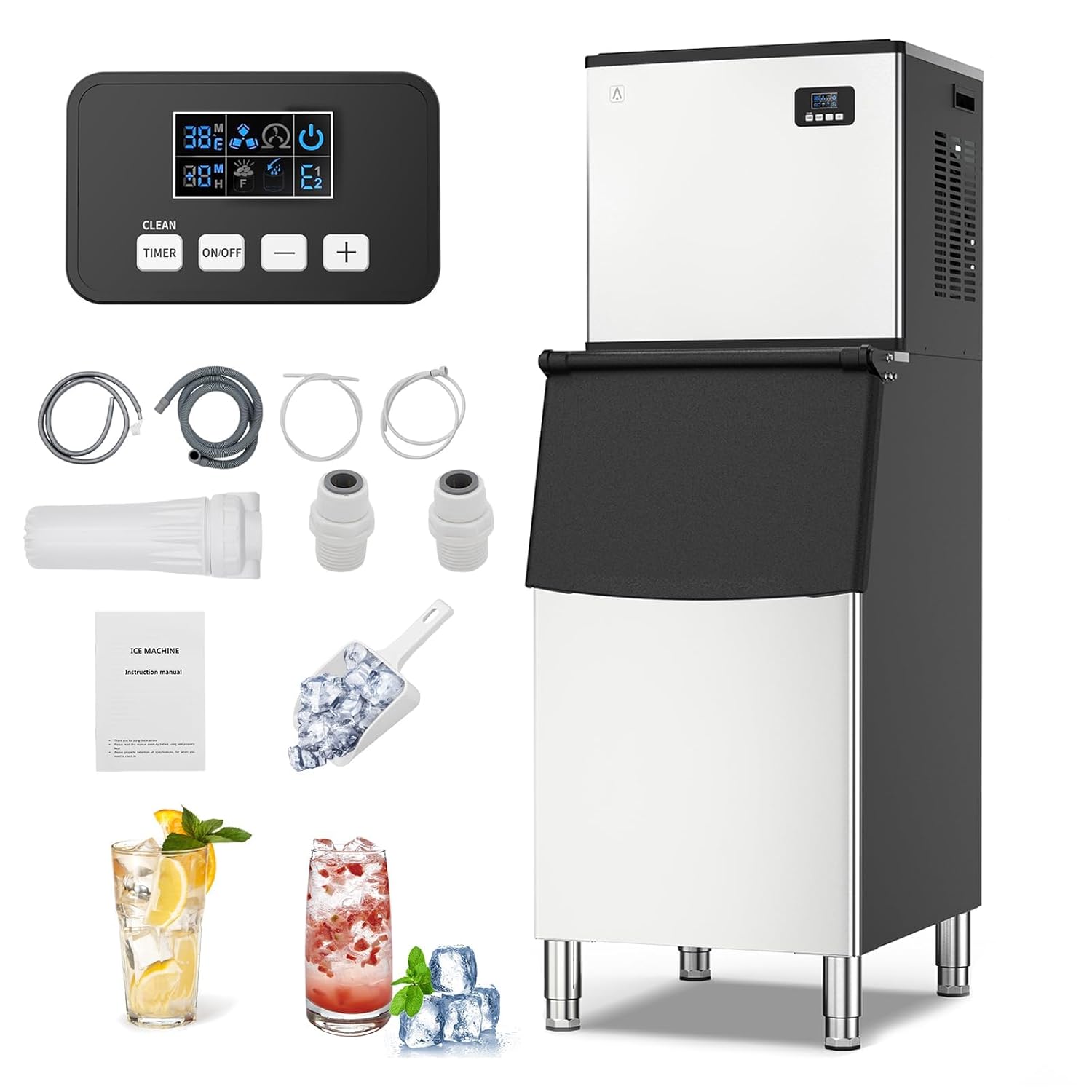Qeetex LHF-ZBJ-PHO-0X8XBYDI Commercial Ice Maker Machine - 350 lbs/24H Stainless Steel Ice Maker with 240 lbs Storage Capacity - Under Counter Freestanding Ice Machine - Adjustable Ice Size - Self-Cleaning - Ice Ready in 5 Minutes