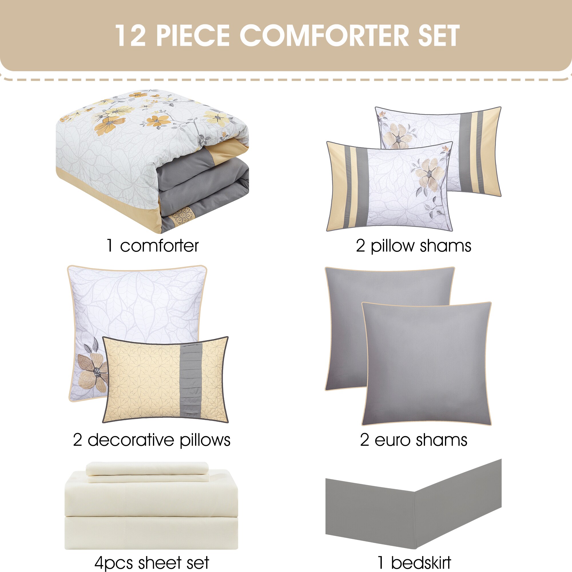 Queen Gray Microfiber Floral Embroidered Comforter Set