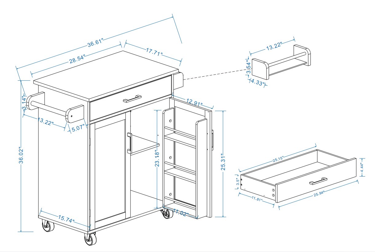 CESICIA White Mdf Base with Mdf Wood Top Rolling Kitchen Island (17.72-in x 28.74-in x 36.22-in)