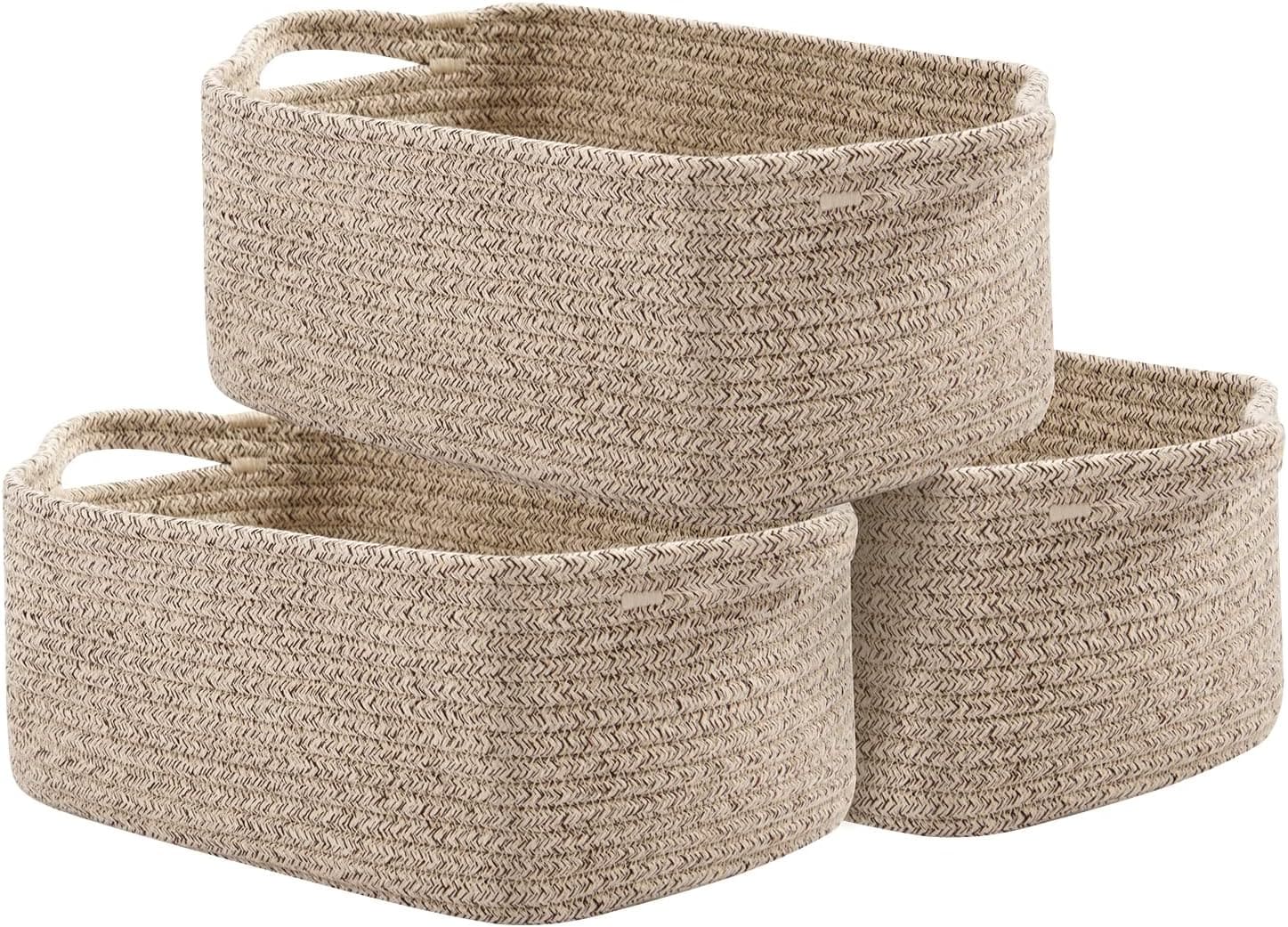 OIAHOMY B0B7VP5Q97 Cotton Rope Baskets Woven Baskets for Storage Nursery Storage Baskets Rectangle Storage Basket with Handles Storage Baskets for Shelves Pack of 3 Brown Variegated