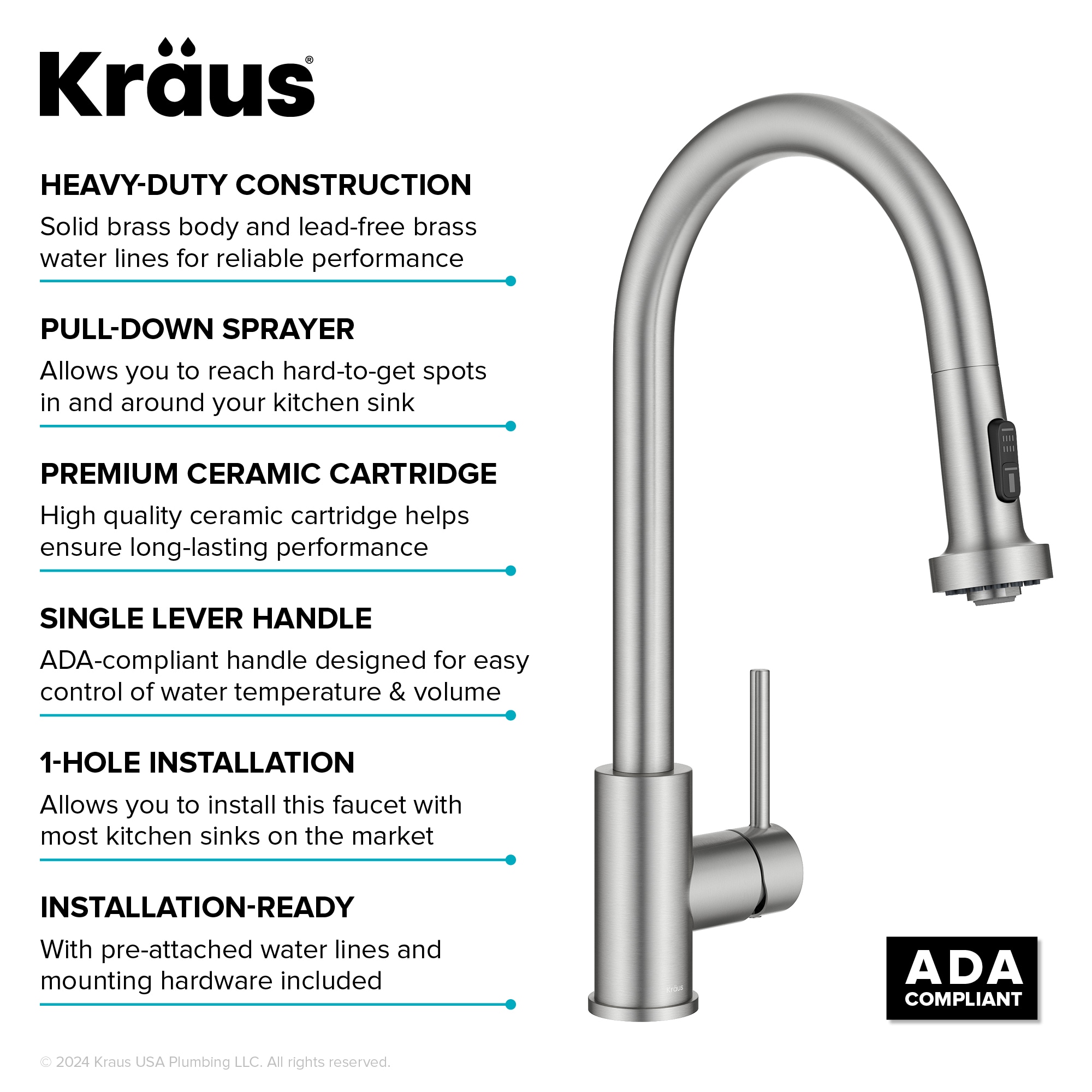 Stainless Steel Single Handle Pull Down Kitchen Faucet with Spray
