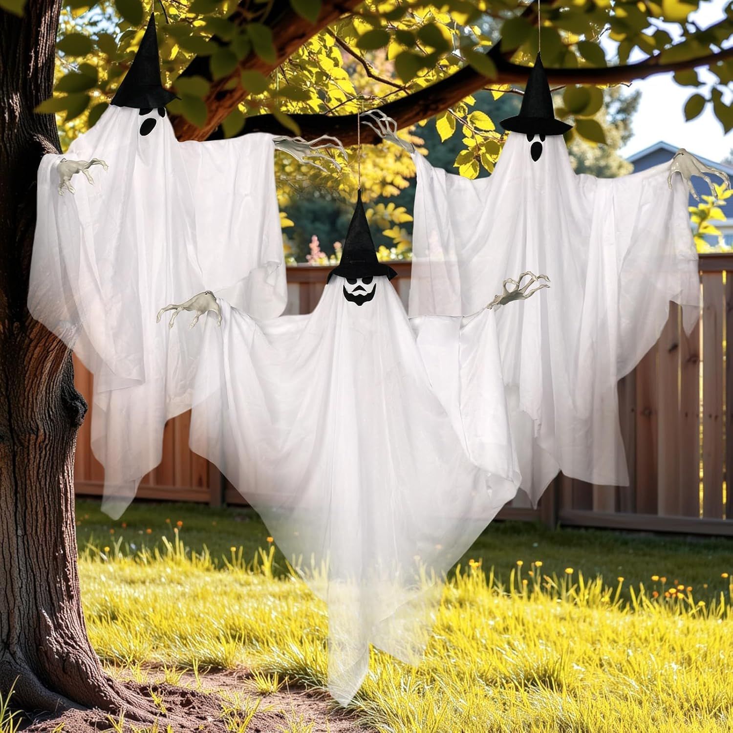 ROSMENA 3 Pack Hanging Ghost Decorations 70cm with 8 Mode Lights for Indoor Outdoor