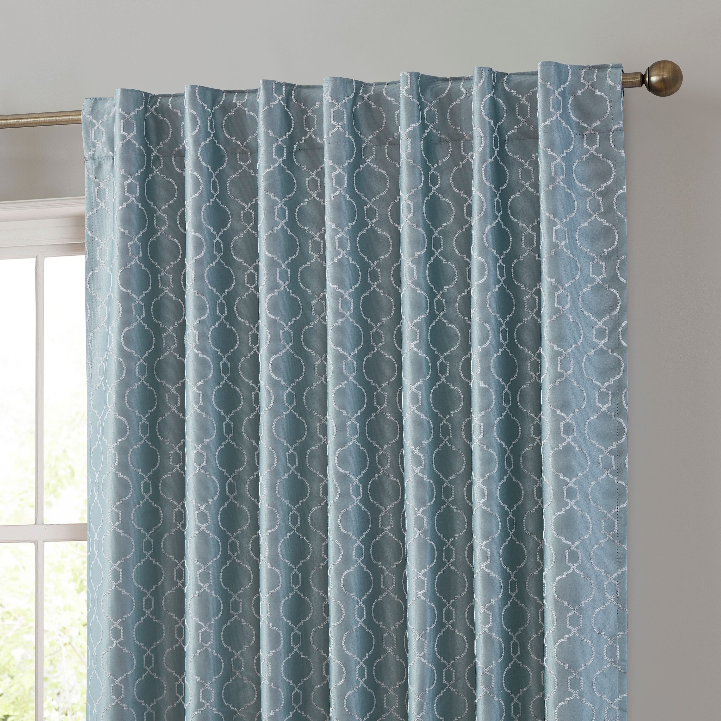 Totally Home Decor 84-in Light Blue Geometric Blackout Thermal lined Back tab/Pinch pleat/Rod pocket Curtain panel pair