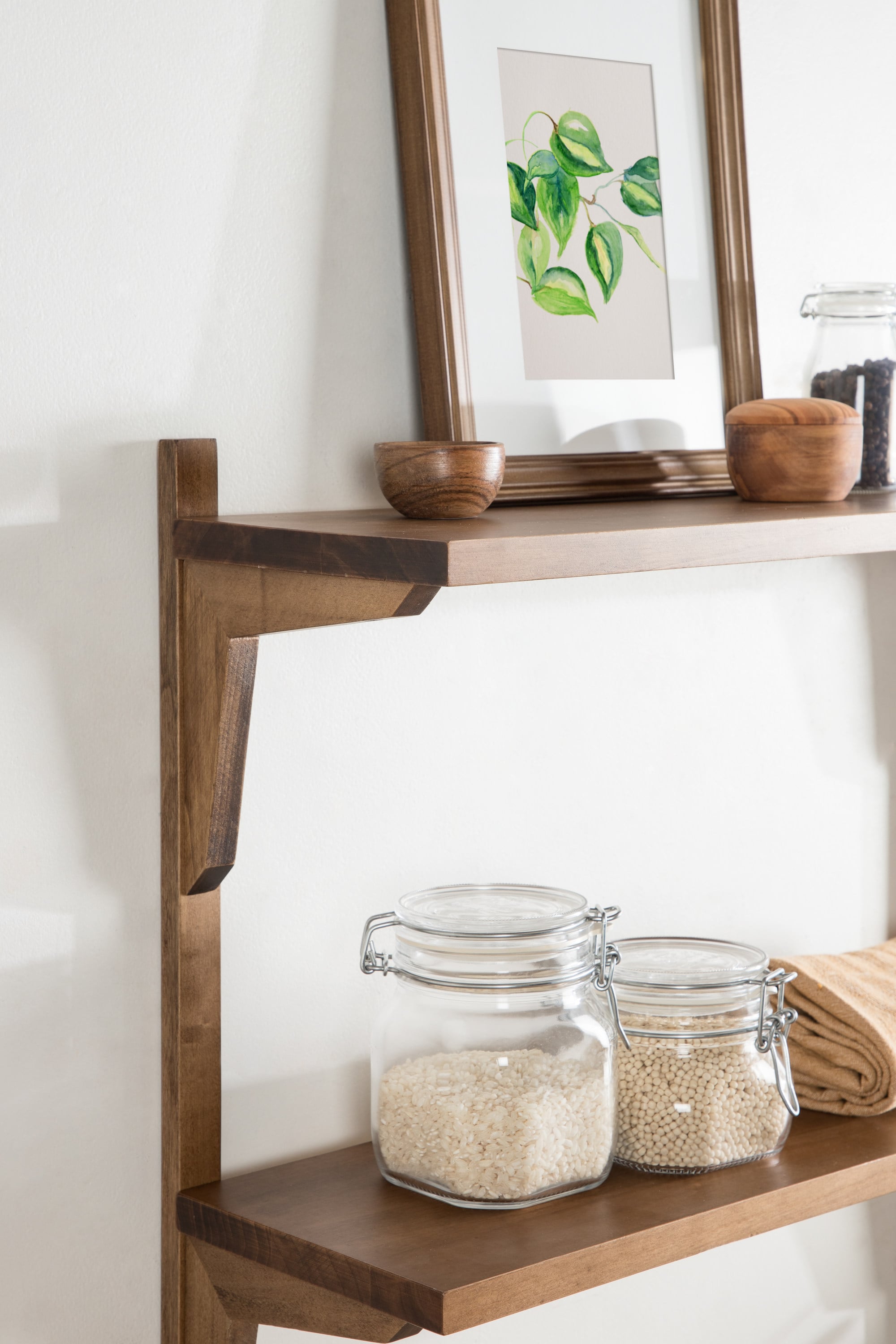 Rustic Brown Poplar Wood Floating Wall Shelf with Two Tiers
