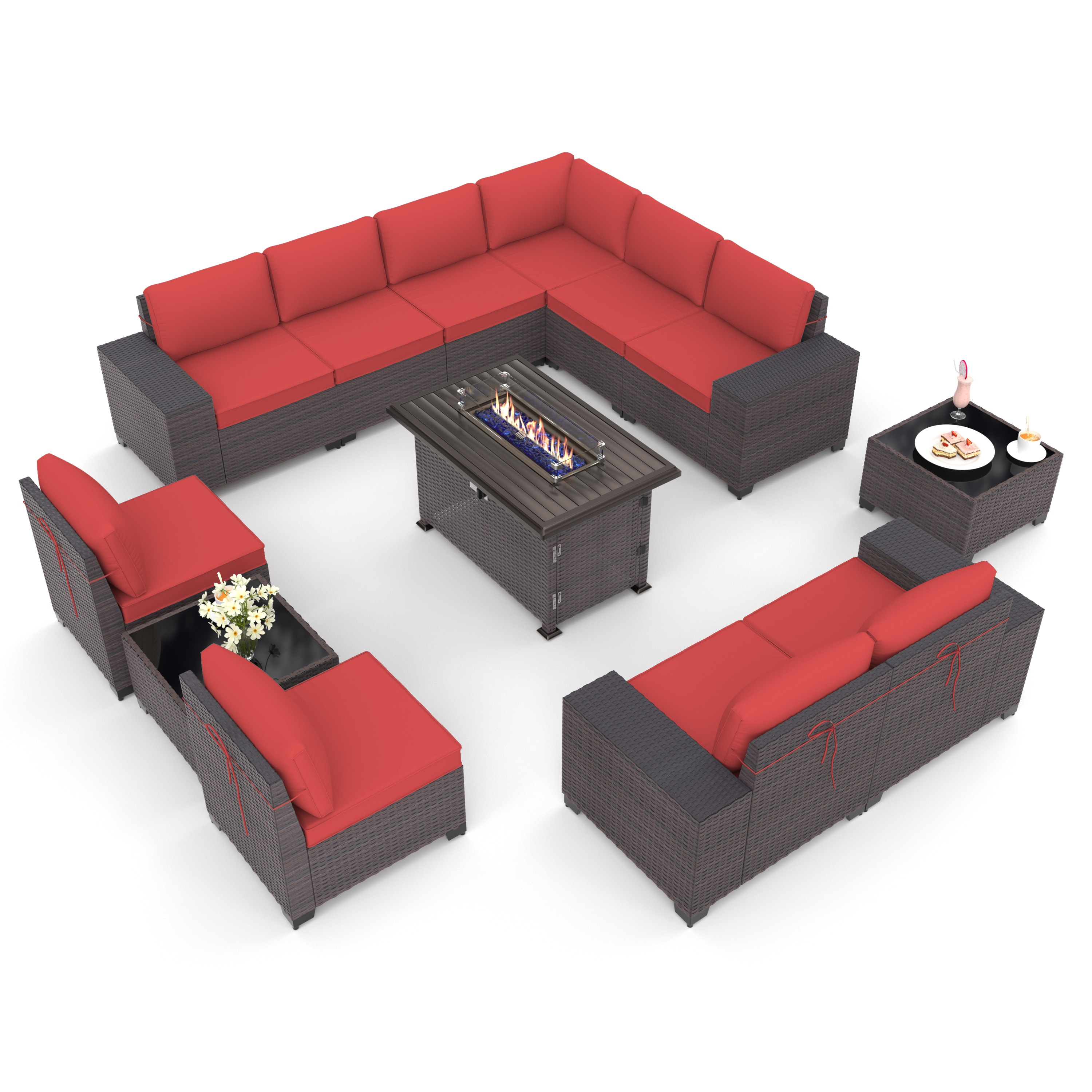ALAULM LS-12PCS+FP-RED 13 -Piece Wicker 2 Patio Sofa Conversation Set with Red Cushions