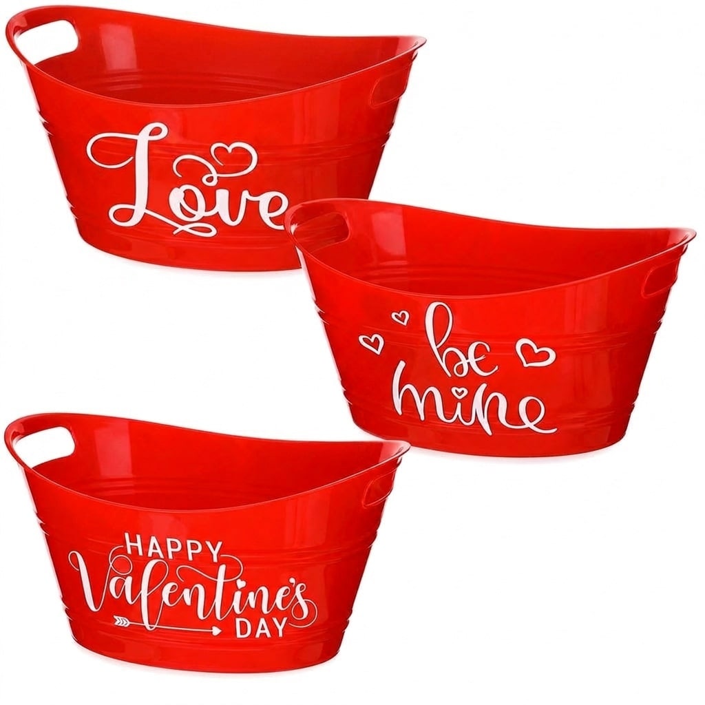 Aoibox  3 Pack Valentines Day Plastic Oval Ice Bucket Gift Basket 12 2 in x 9 in with Handle Red Love You Set