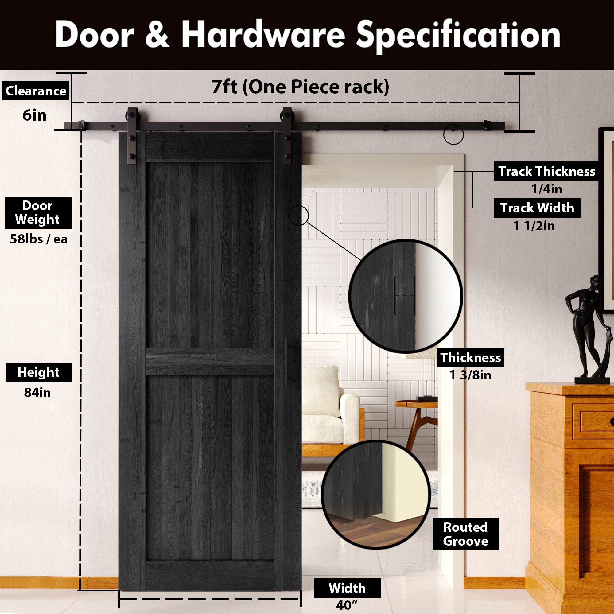 HOMACER YT1TGH084C-4084-H-BK Barn-Doors - View #2