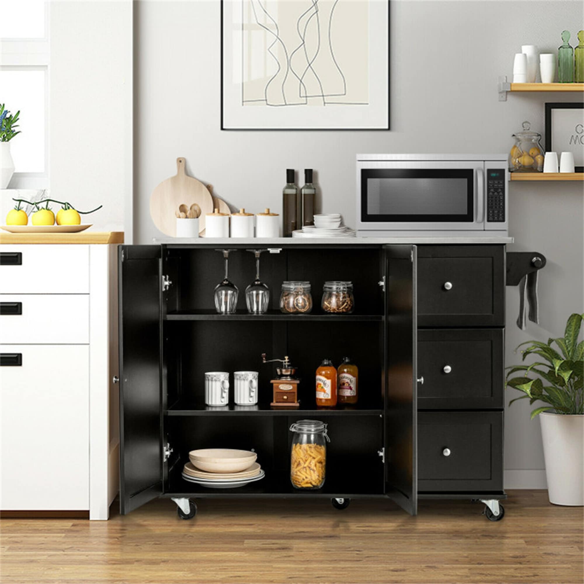 BABOOM BOM-HW505BK-CO Black MDF Base with Stainless steel Metal Top Rolling Kitchen Cart ( 18-Inches x 54-Inches x 36-Inches )