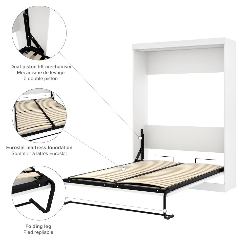 White Metal Full Murphy Bed Frame with Drawer and Slats