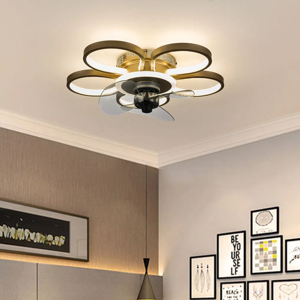 Oukaning HG-HCXLST-6389-US 20-Inches Modern Gold Flower Shaped with ABS Blades Color-Changing Integrated LED Fixture Indoor Flush mount Standard Ceiling Fan With Light and Remote ( 3 -Blade)