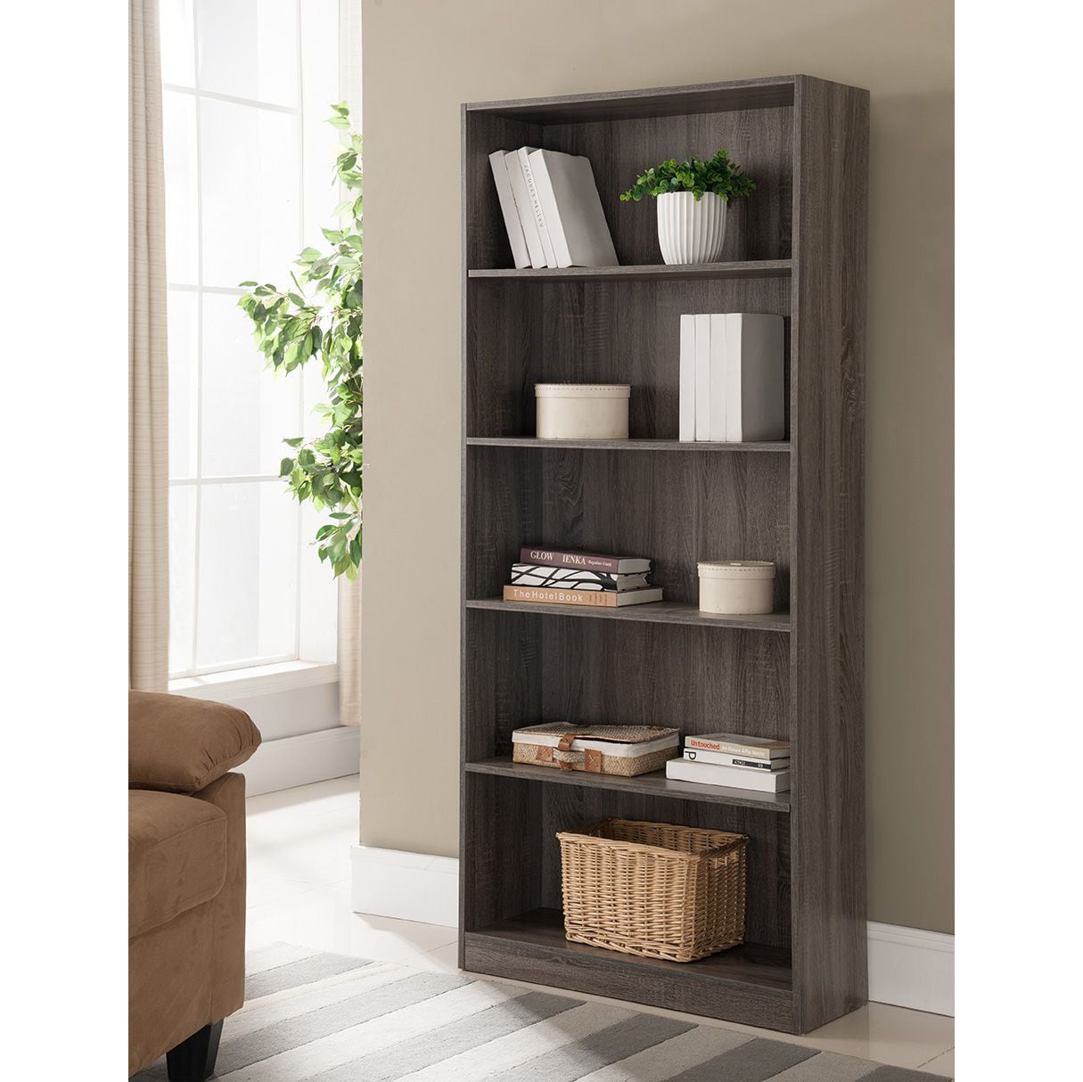 FC Design ID99161526 Distressed Gray Mdf 5-Shelf Bookcase (30-in W x 71-in H x 11.5-in D)