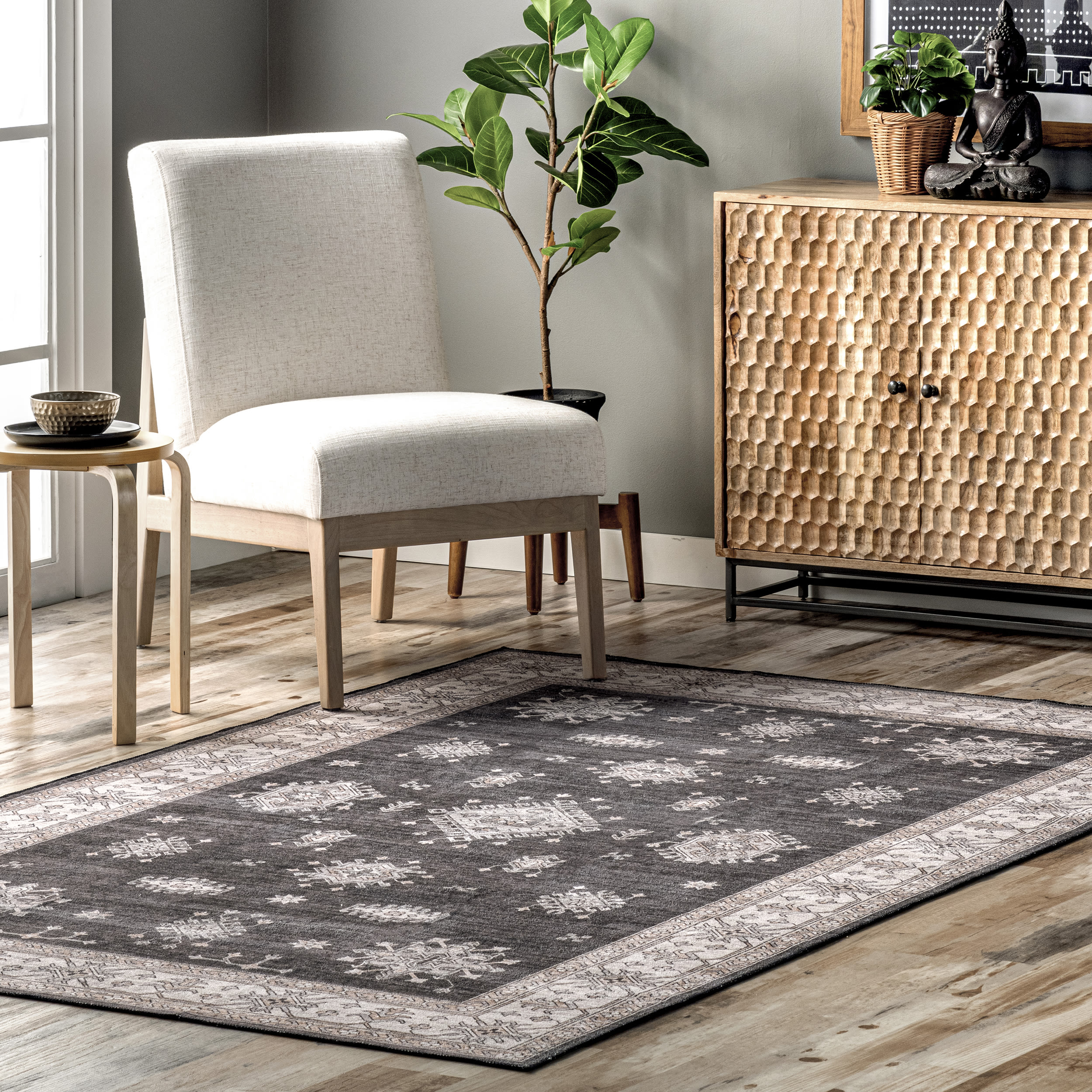 nuLOOM BIRV57A-S606 6 x 6 (ft) Loomed Charcoal Square Indoor Medallion Persian Machine washable Pet Friendly Area rug