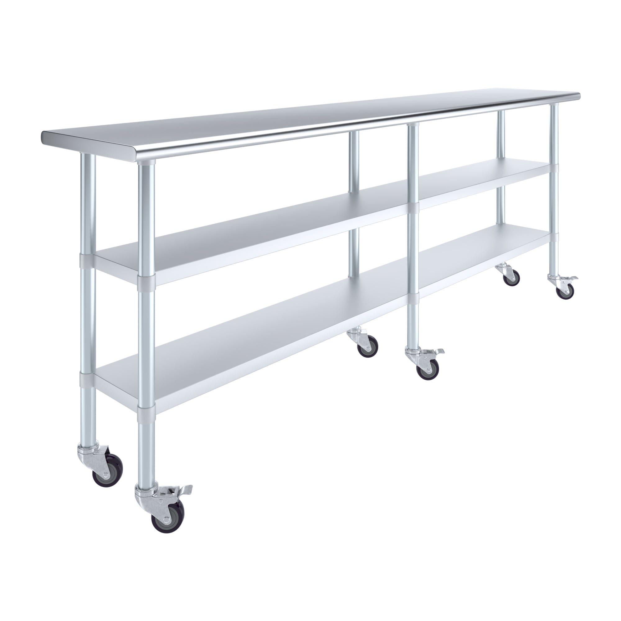 Amgood 18 in. x 96 in. x 38 in. Stainless Steel Work Table with Two Lower Shelves and Locking Casters