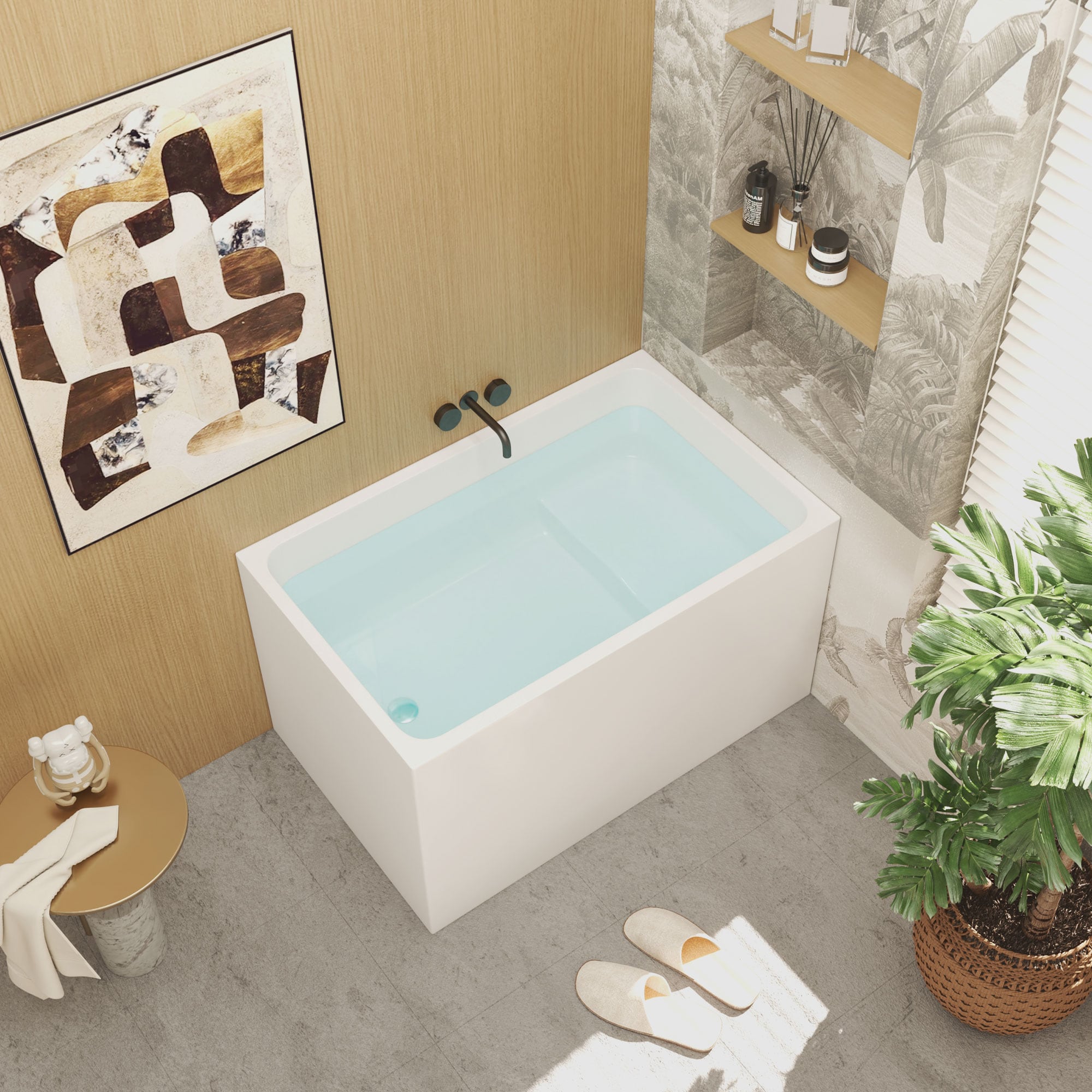 WELLFOR GTLSTWH02 Bathtub with Seat 43-in x 27.6-in Gloss White Acrylic Rectangular Freestanding Soaking Bathtub with Drain ( Left Drain )