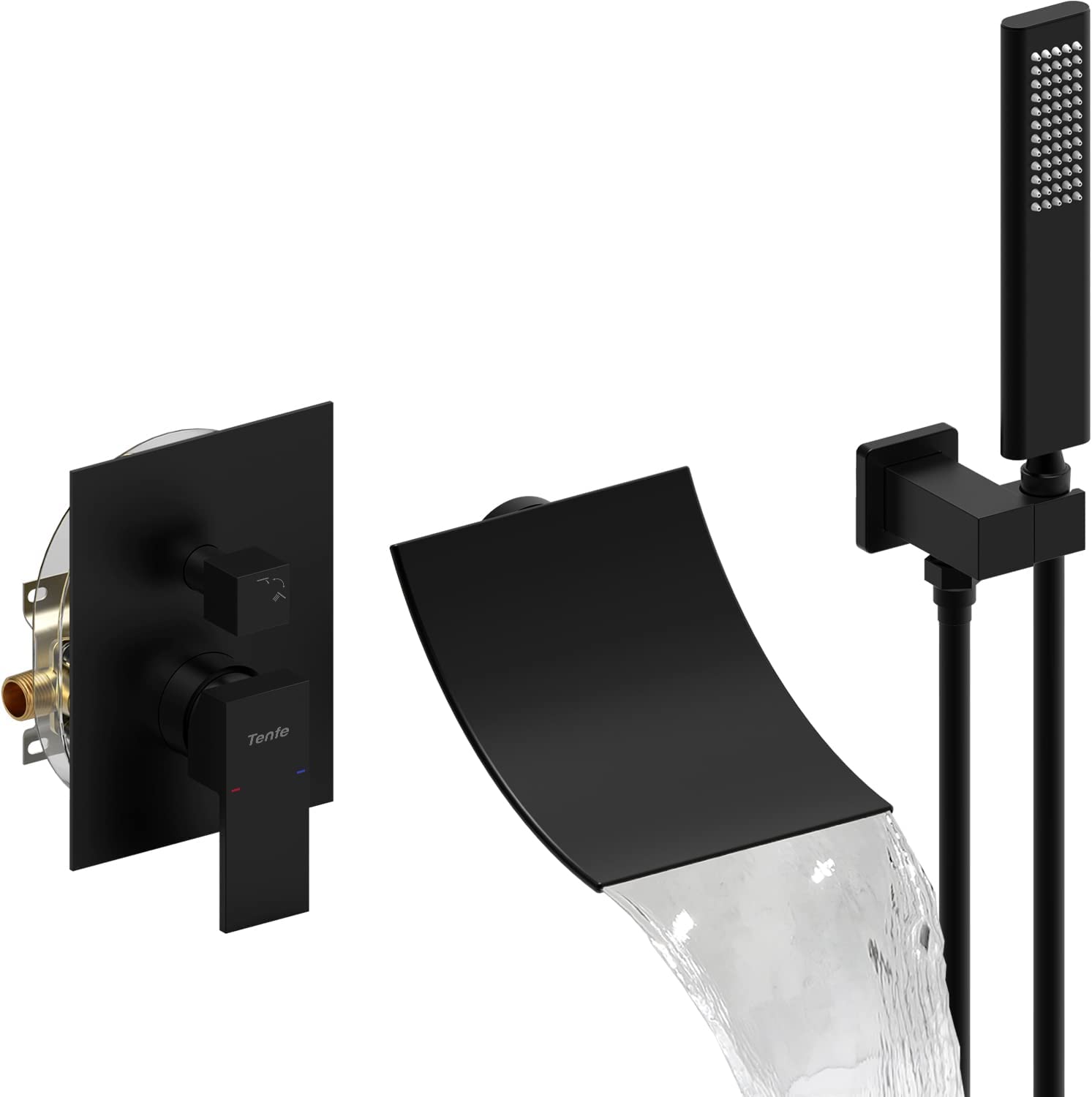 WELLFOR - Matte Black 1-handle Wall-mount High-arc Bathtub Faucet with Hand Shower ( Valve Includ...