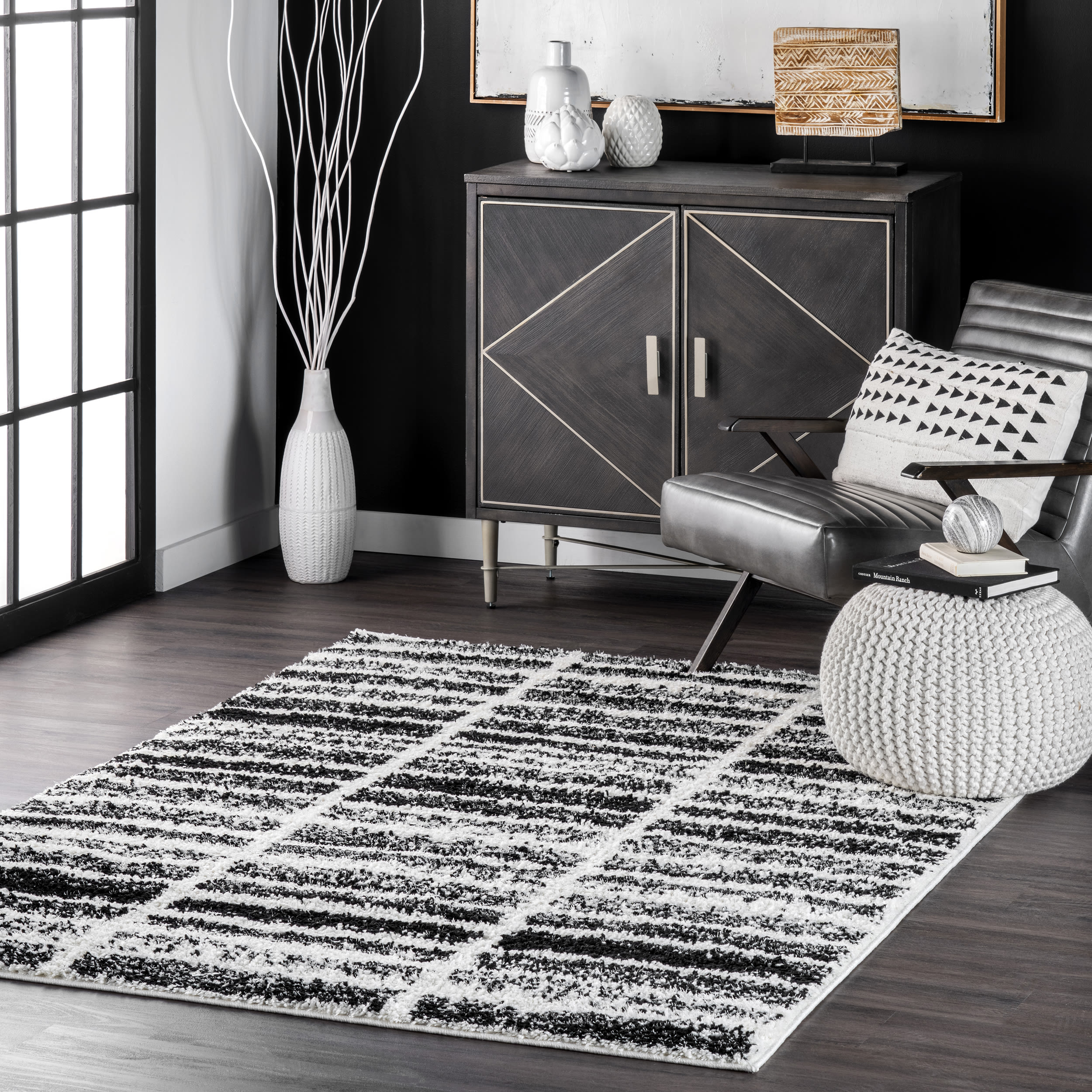 nuLOOM GROC03A-8010 Celyn 8 x 10 (ft) Loomed Polypropylene Black And White Rectangular Indoor Stripe Area rug