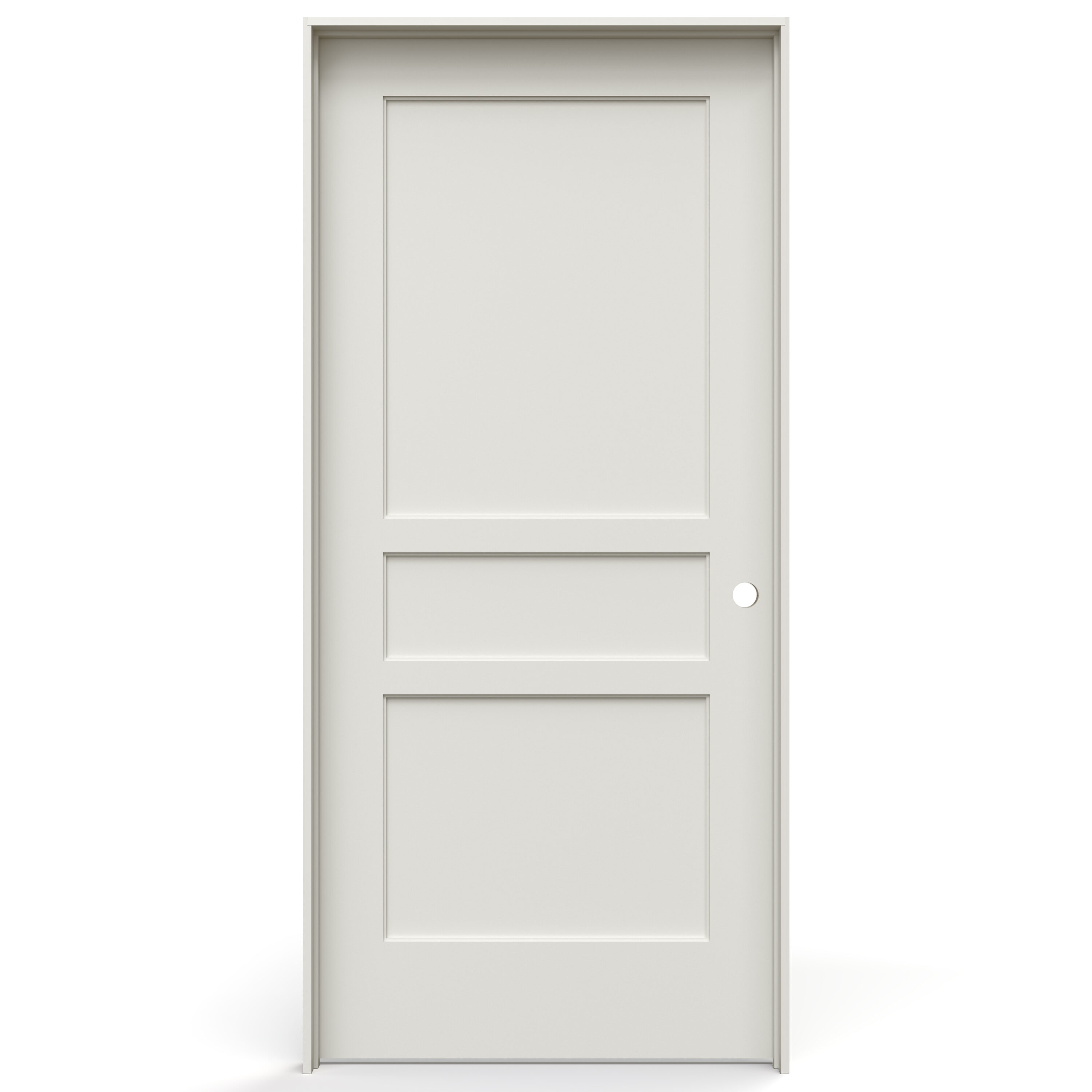 JELD-WEN LOWOLJW247700072 36-in x 80-in Primed Solid core 3-panel square Left hand Smooth Primed MDF Flat Jamb Single Prehung Interior Door