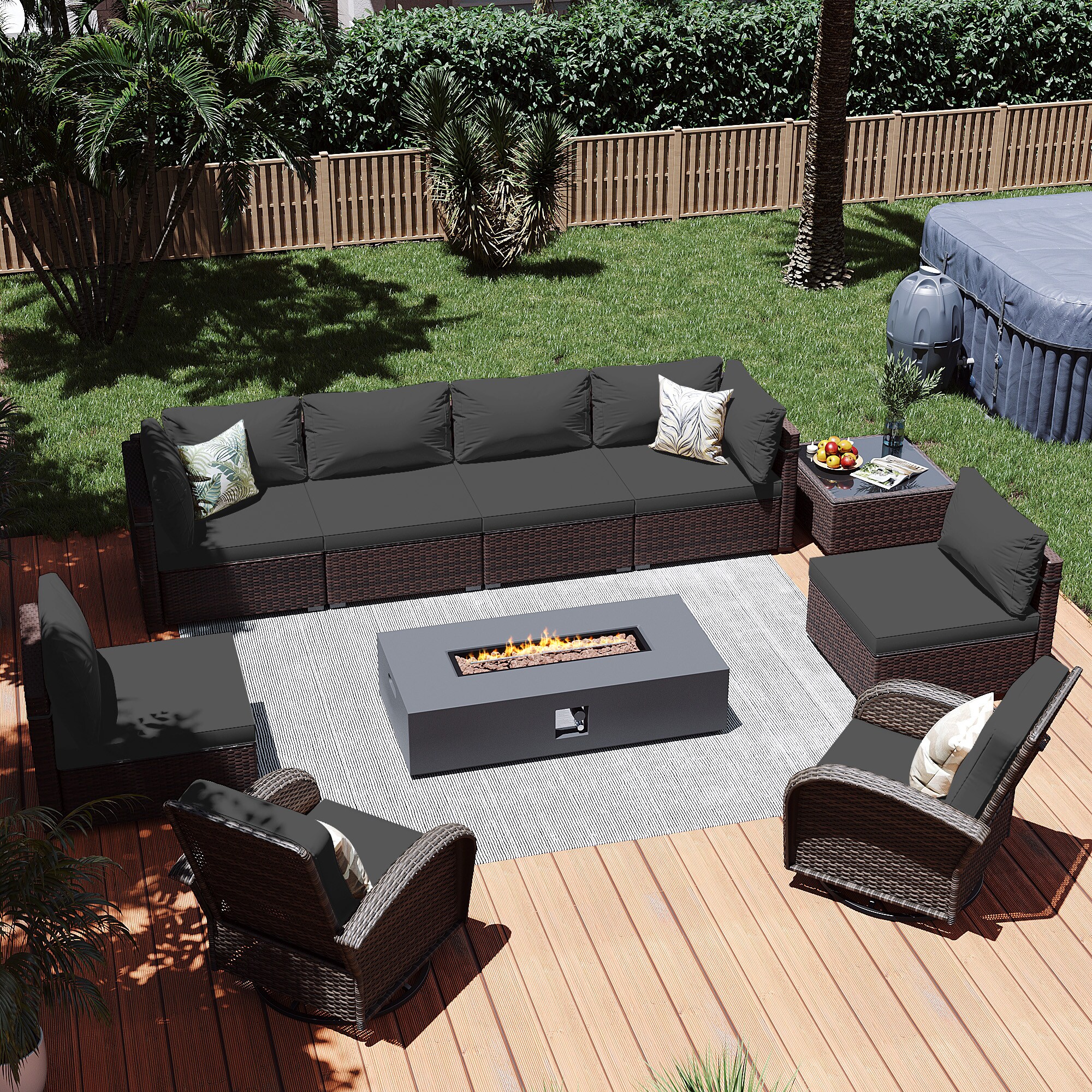 Patio Watcher LS-RT7Y11-56MDK-B3 10 -Piece Rattan Patio Conversation Set with Dark Gray Cushions