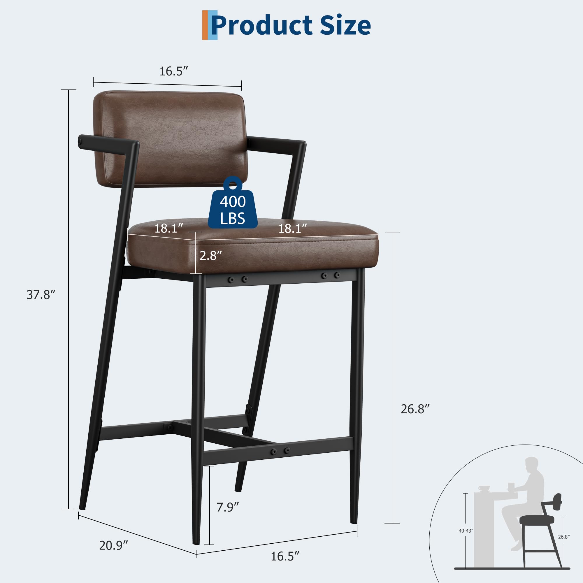 IdealHouse Set of 2 Bar Stools 27 Inch Counter Height Lounge Chairs PU ...