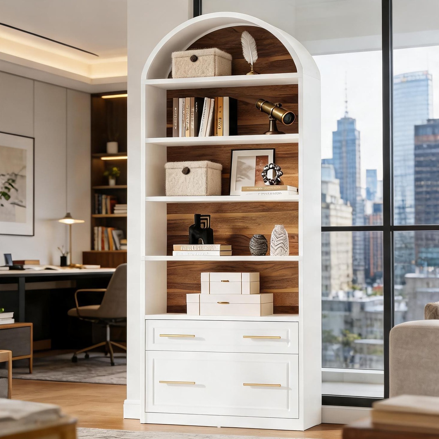 Watnature Storage Shelf Unit with 5-Tier Arched Design and Drawers Oak and White-Toned Engineered Wood