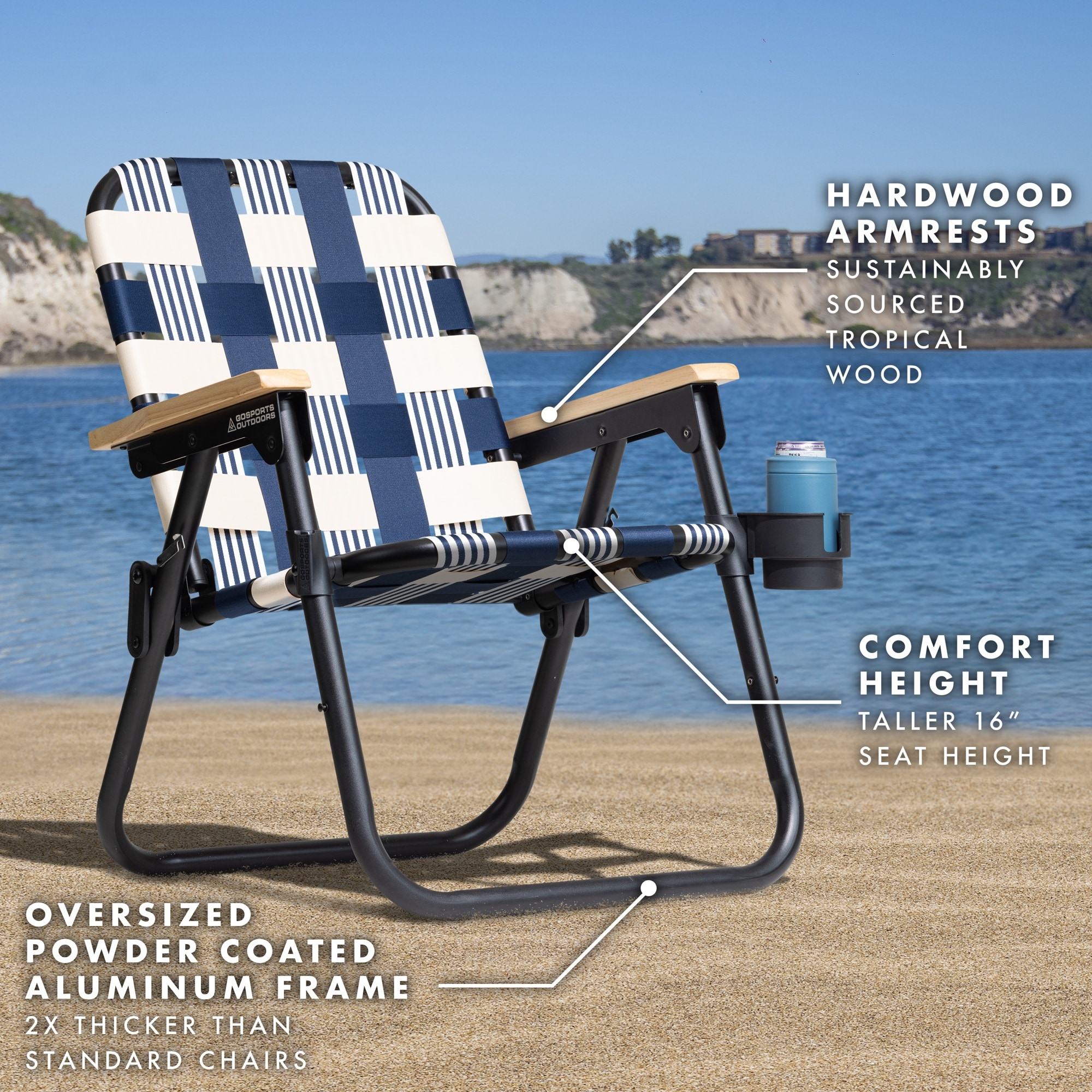 Lido Blue and White Woven Folding Beach Camping Chair with Hardwood Arms