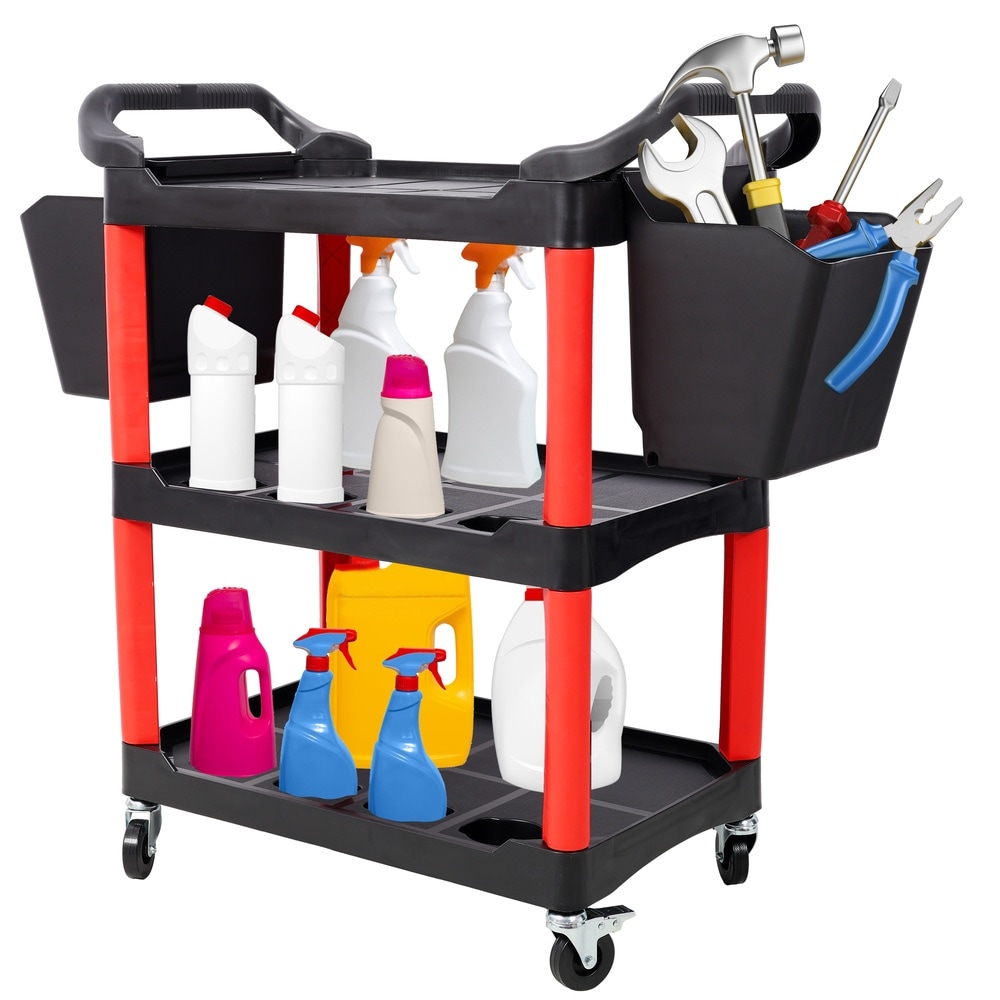 SPACELEAD 3-Tier Rolling Utility Detail Cart with Wheels and 2 Hanging Buckets - 300 lb Capacity - Plastic Shelves for Garage Workshop and Auto Repair Shop