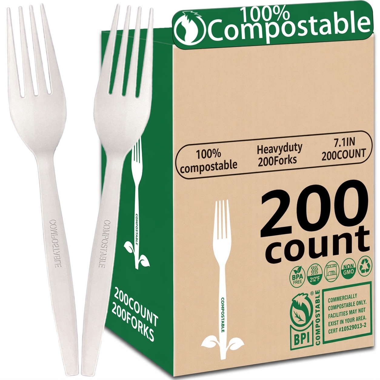 Phewnyzo  200 pcs Compostable Forks 7 inch Heavy Duty Disposable Tableware Plant Based Utensils Eco Friendly BPA Free for Party Wedding Picnic