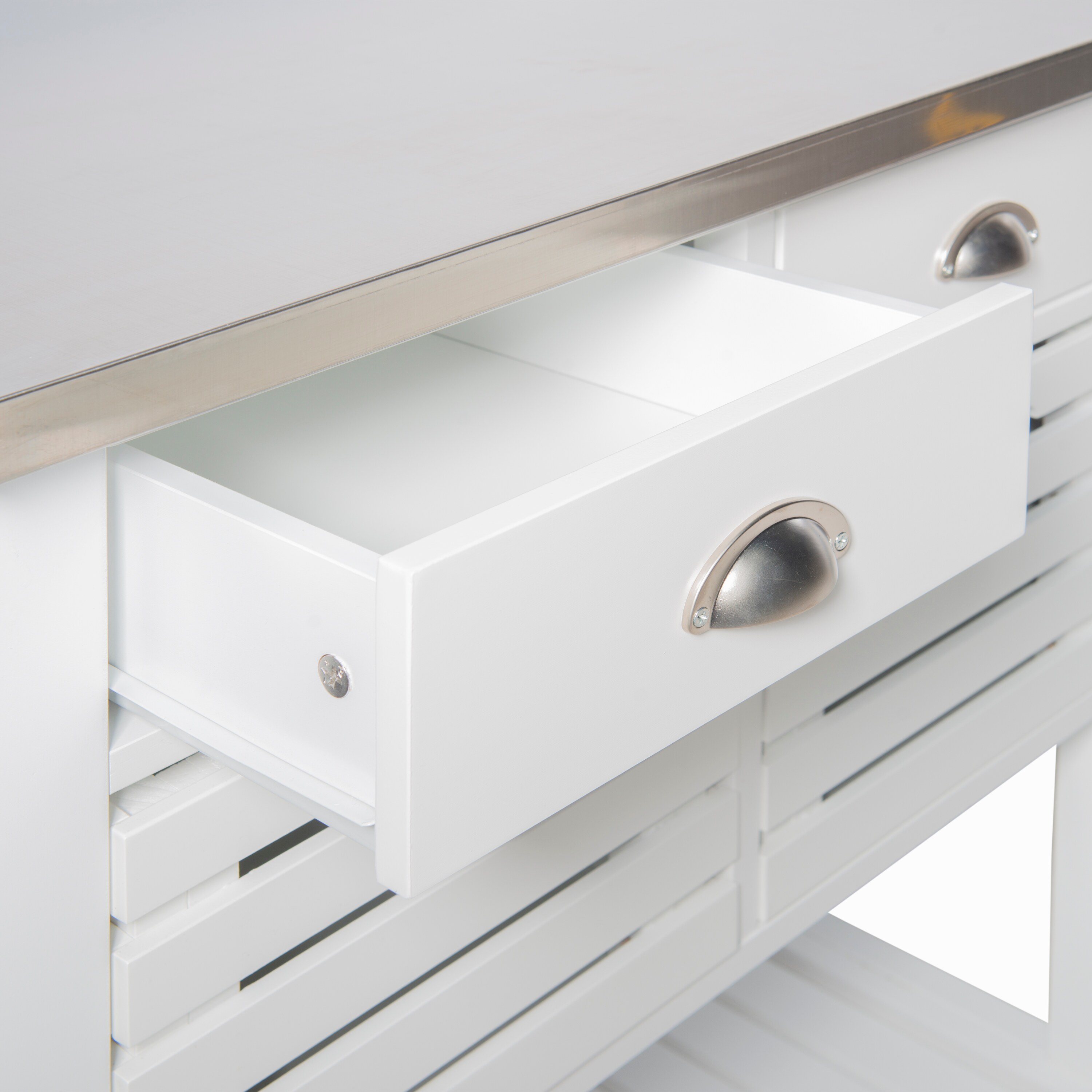 Farmhouse Charm White Stainless Steel Kitchen Cart with Butcher Block