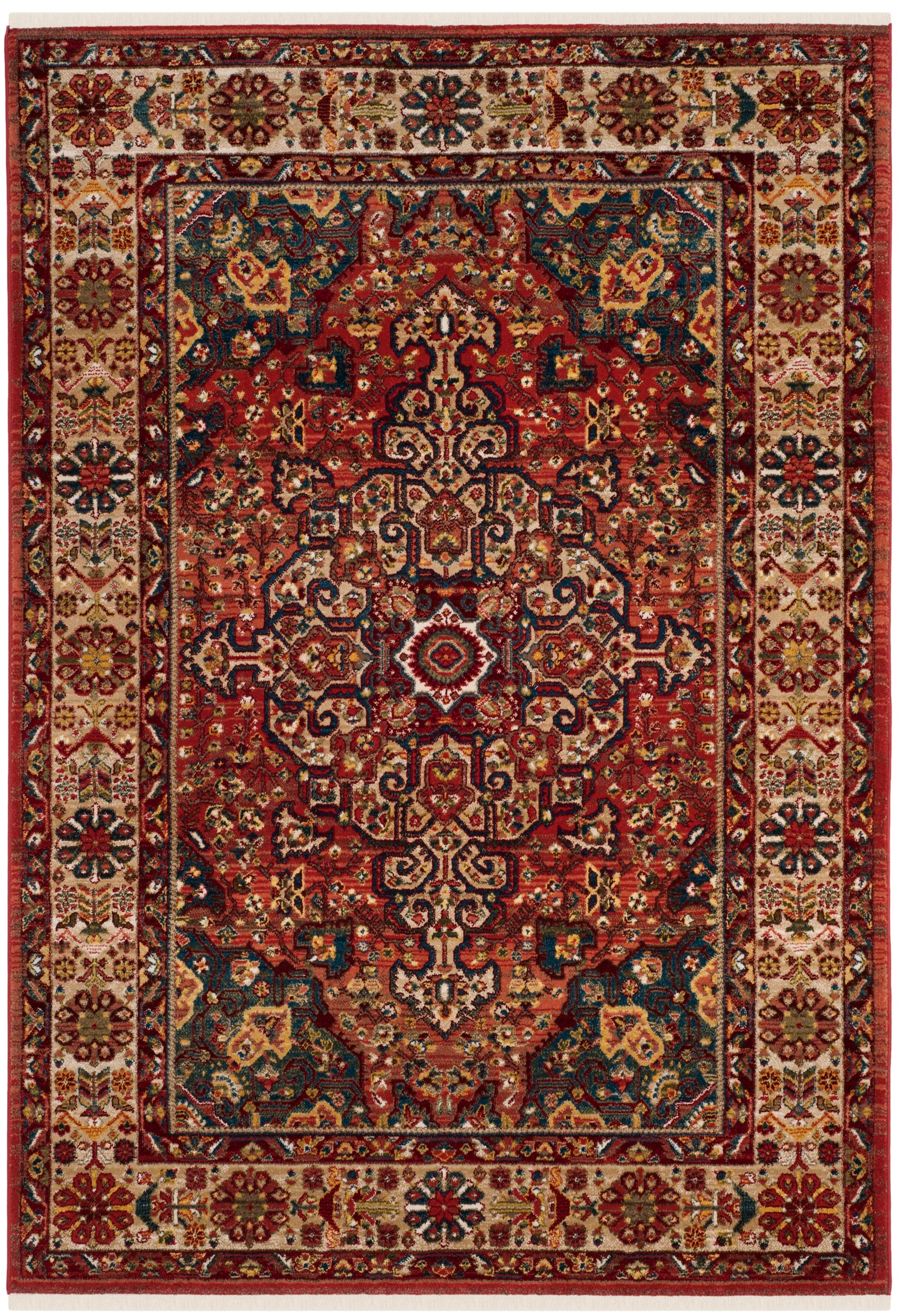 Red and Ivory Floral Synthetic Rectangular Area Rug