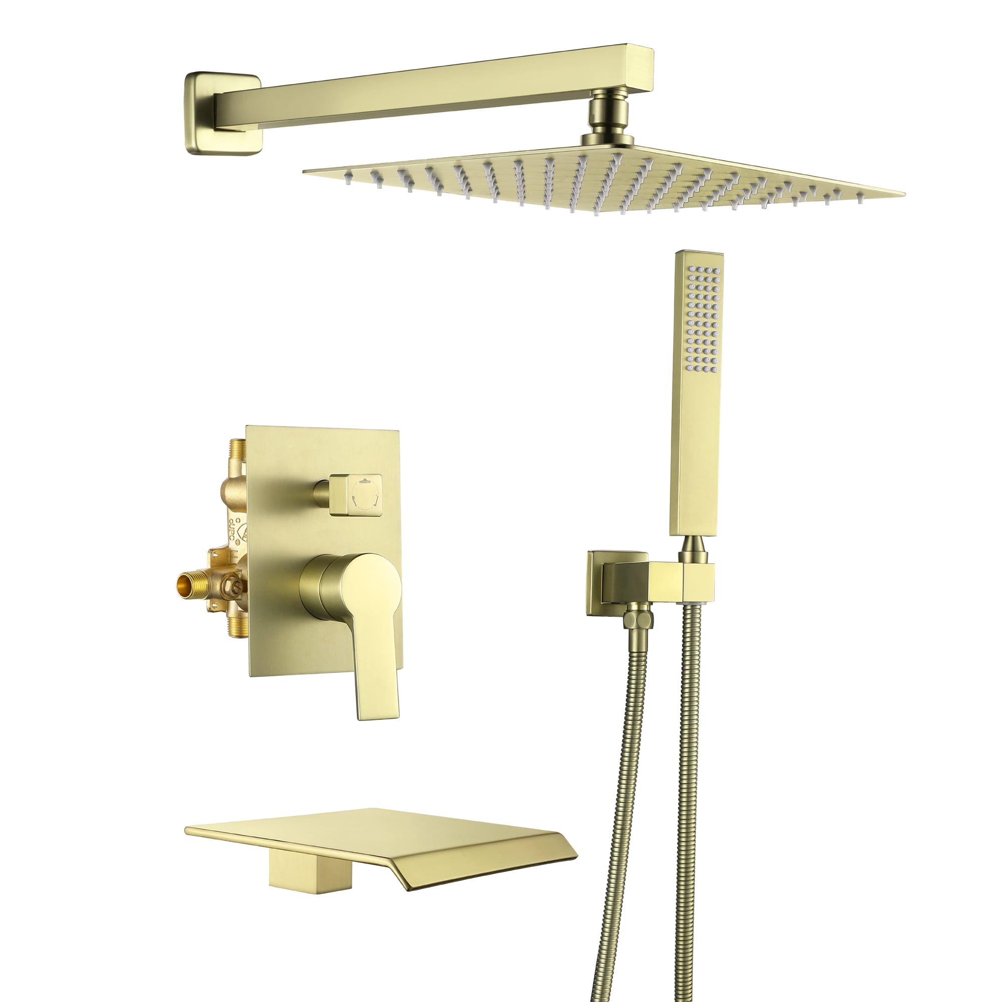 WELLFOR SPA-88018BG-10 Brushed Gold 10-in Waterfall Dual Head Built-In Shower Faucet System with 3-way Diverter ( Pressure-balanced Valve Included )