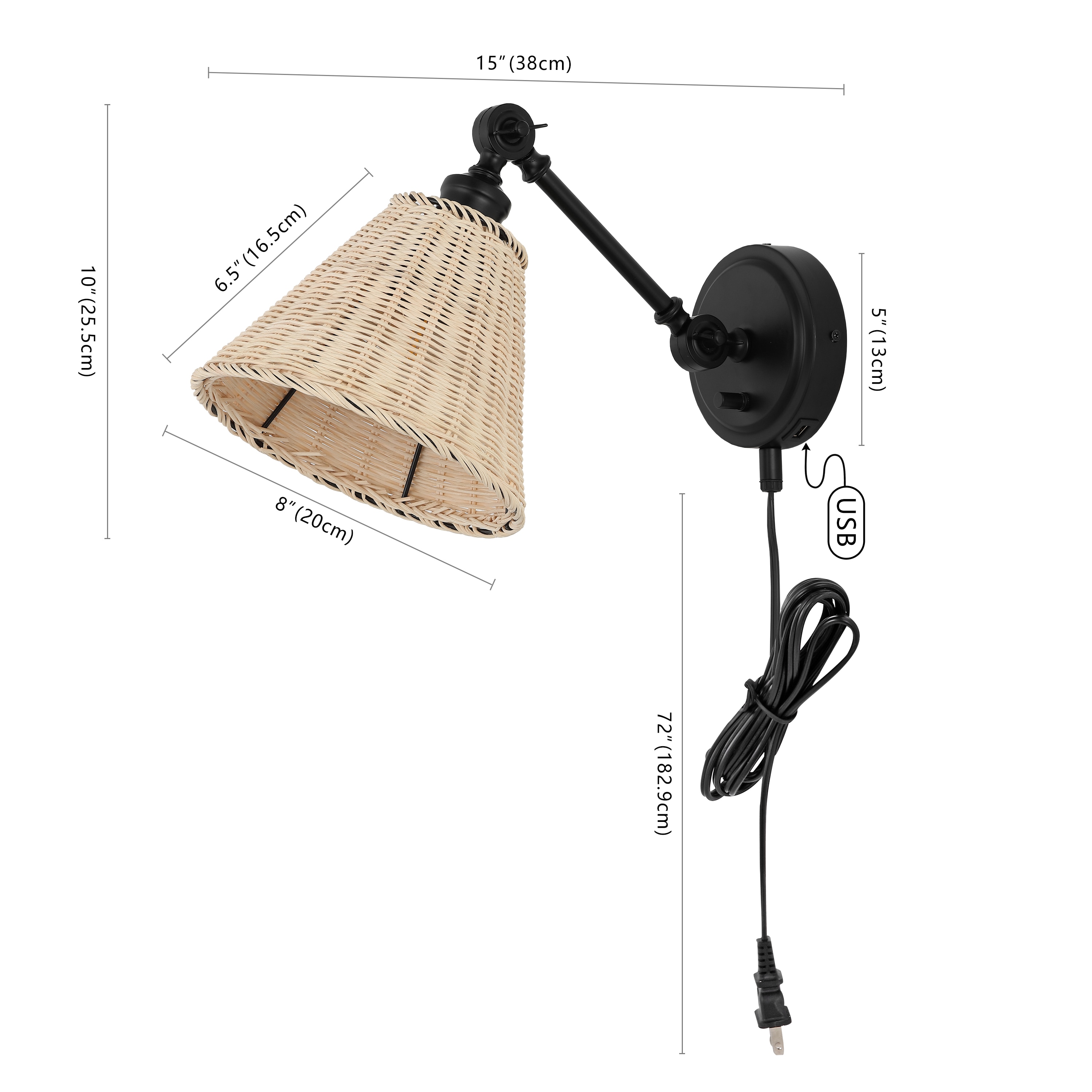 Oswynn Adjustable Black Metal and Natural Rattan Wall Sconce, Set of 2