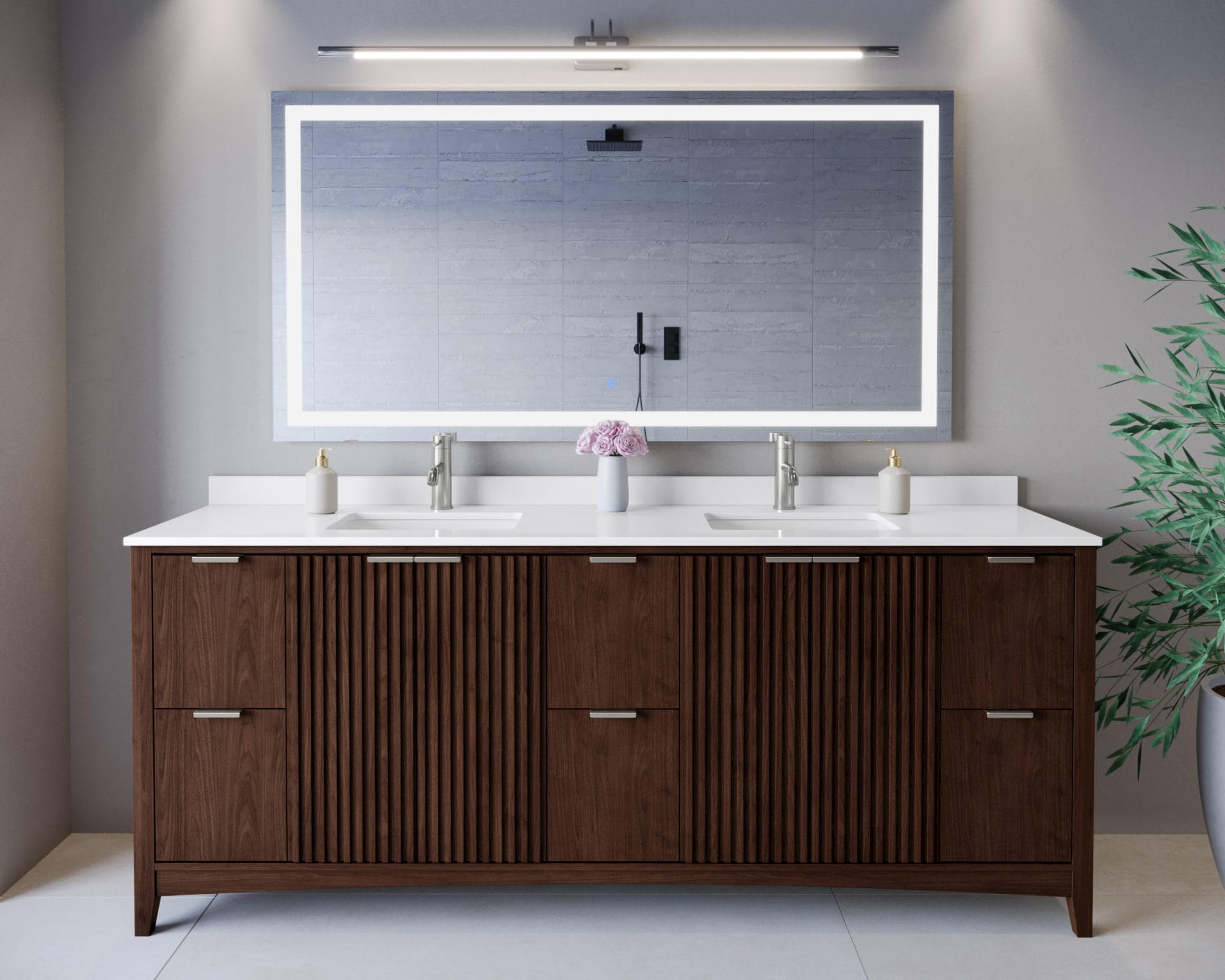 Wyndham Collection WCF919184DDWWQUNSMXX Palmilla 84-in Dark Walnut with Brushed Nickel Trim Undermount Double Sink Bathroom Vanity with White Quartz Quartz Top