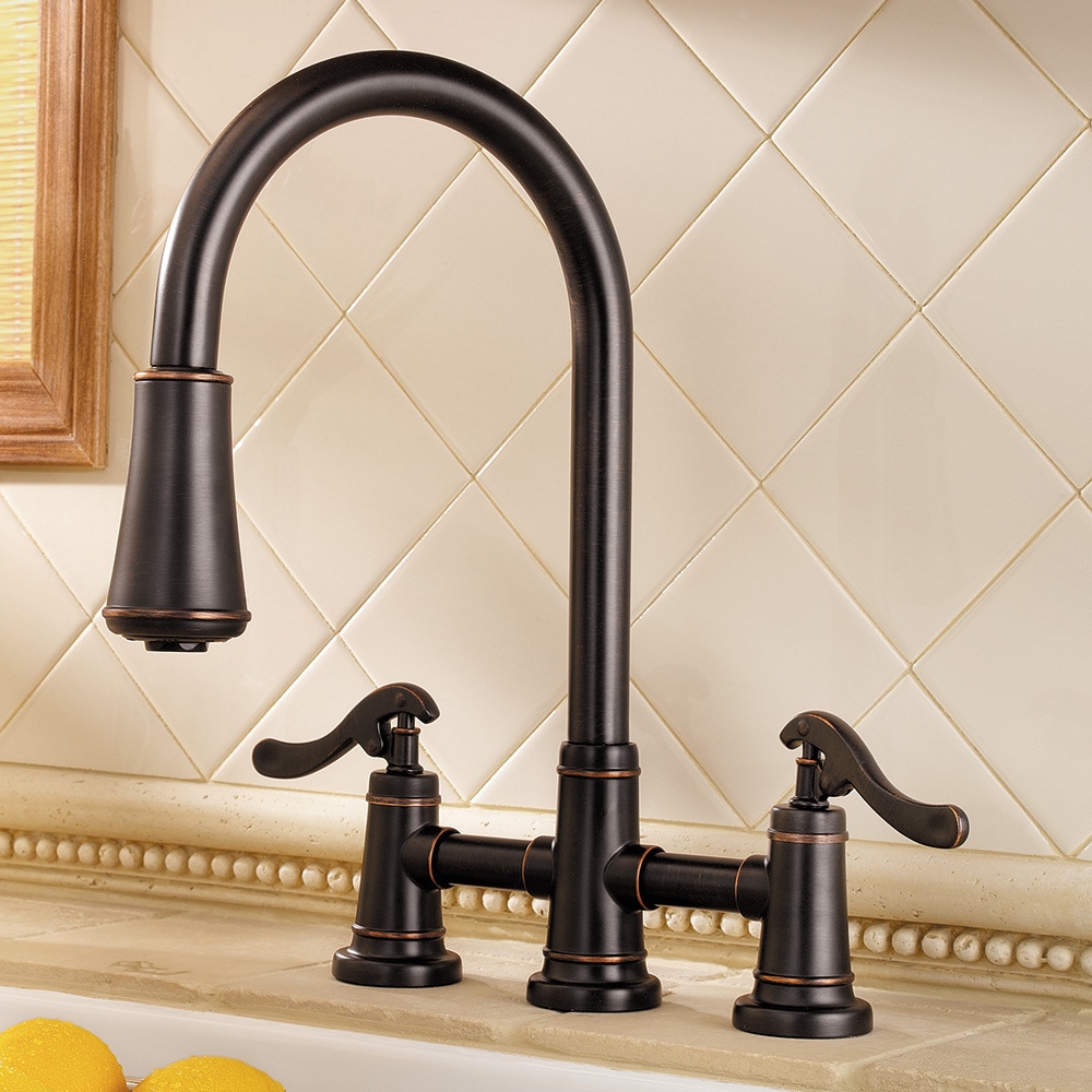 Pfister LG531-YPY Ashfield Tuscan Bronze Double Handle Deck-mount Bridge Kitchen Faucet with Sprayer