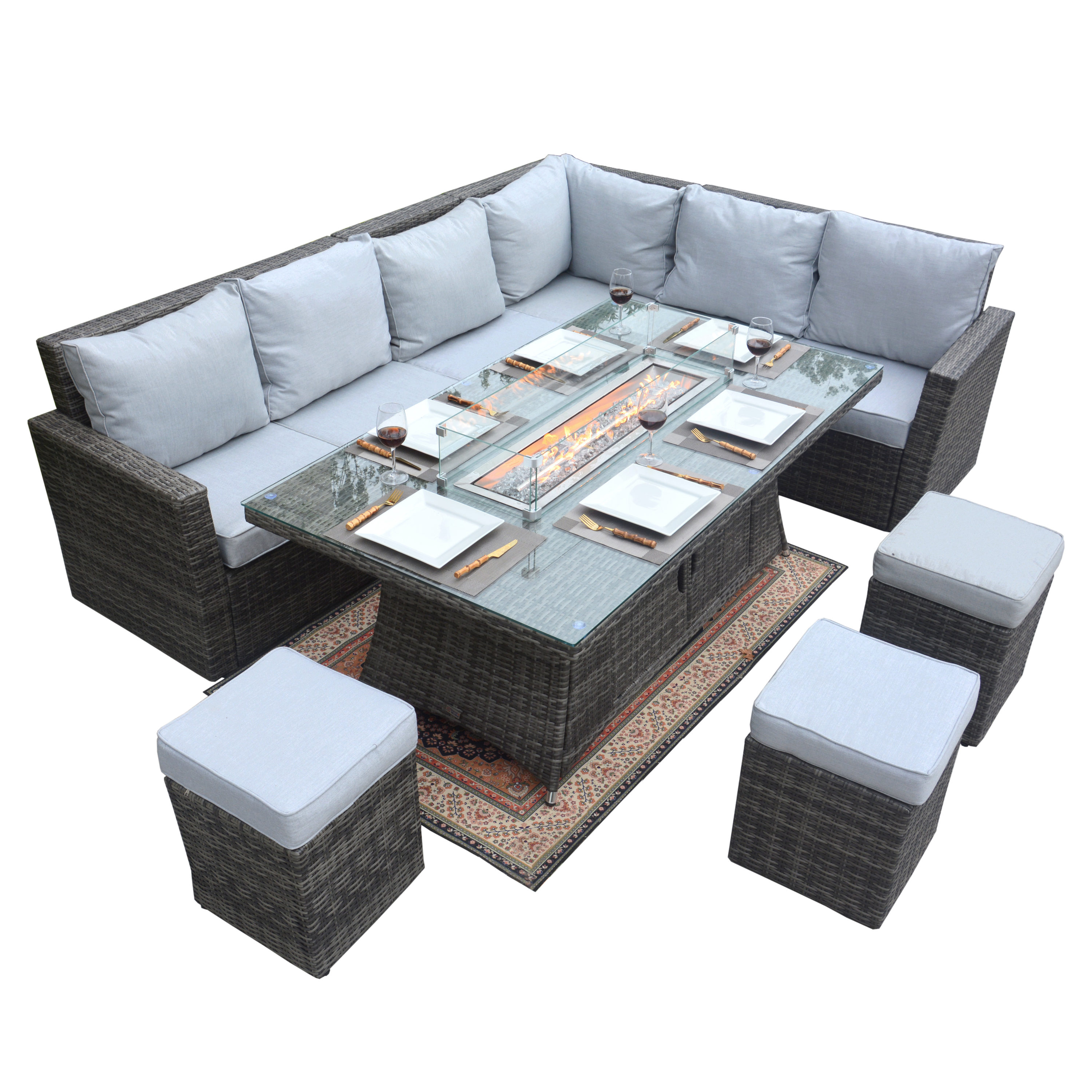 Moda Furnishings 1403-1106R-G 8 -Piece Wicker Patio Conversation Set with Gray Cushions