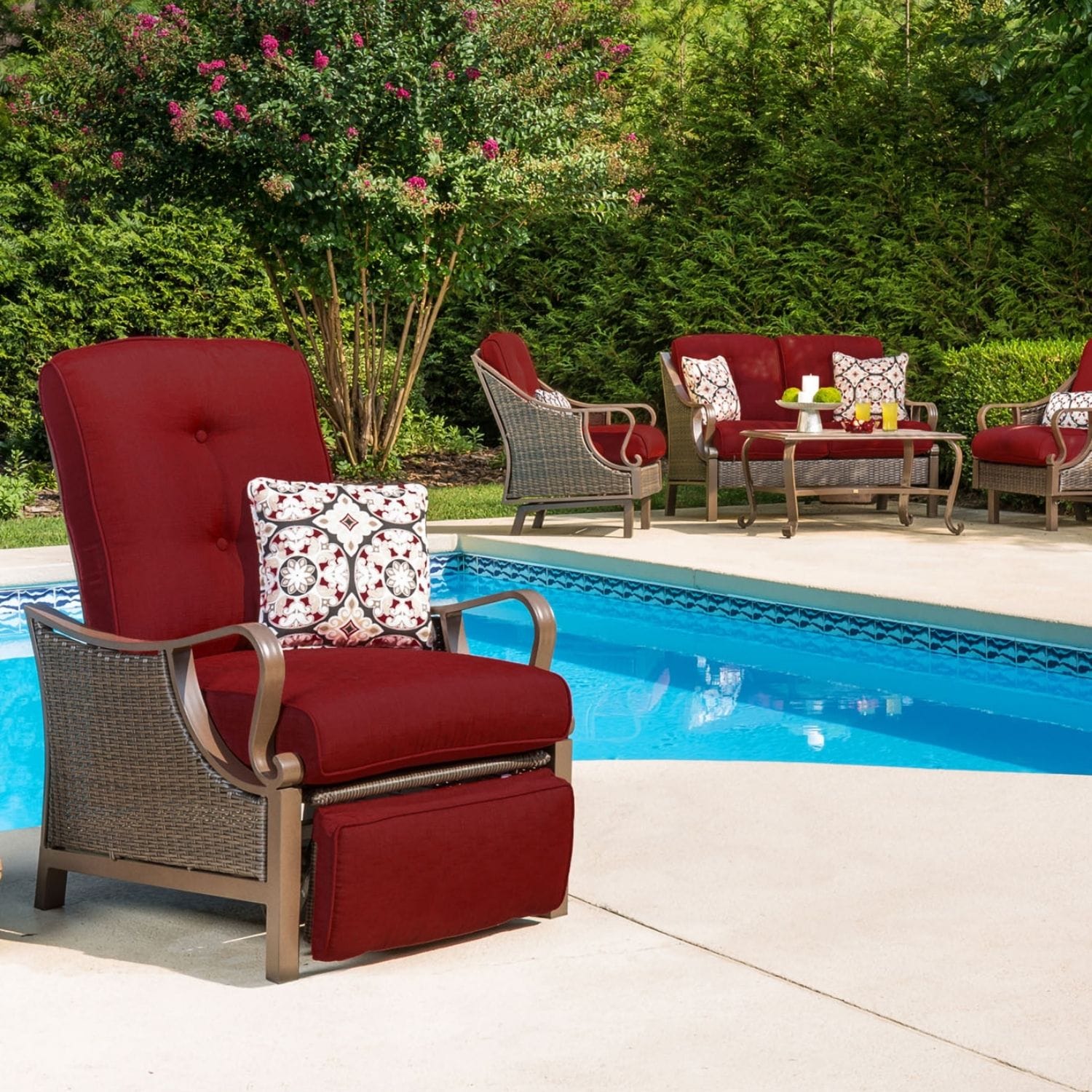 Hanover VENTURAREC-RED Ventura Wicker Cocoa Stone Steel Frame Stationary Recliner Chair with Red Cushioned Seat