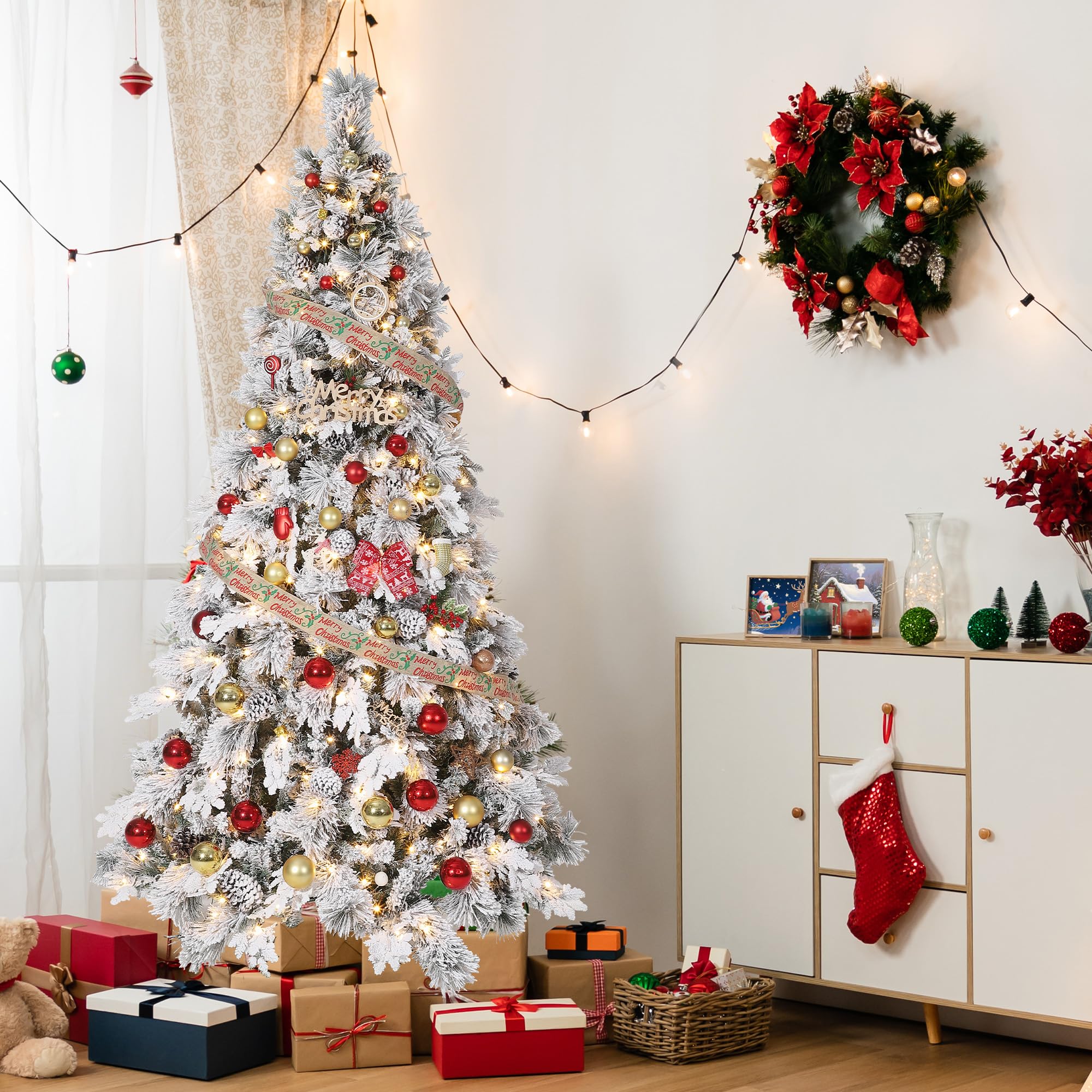 IdealHouse 8FT Prelit Snow Flocked Spruce Synthetic Christmas Tree and Incandescent Warm White LED lights and a Foldable Stand White