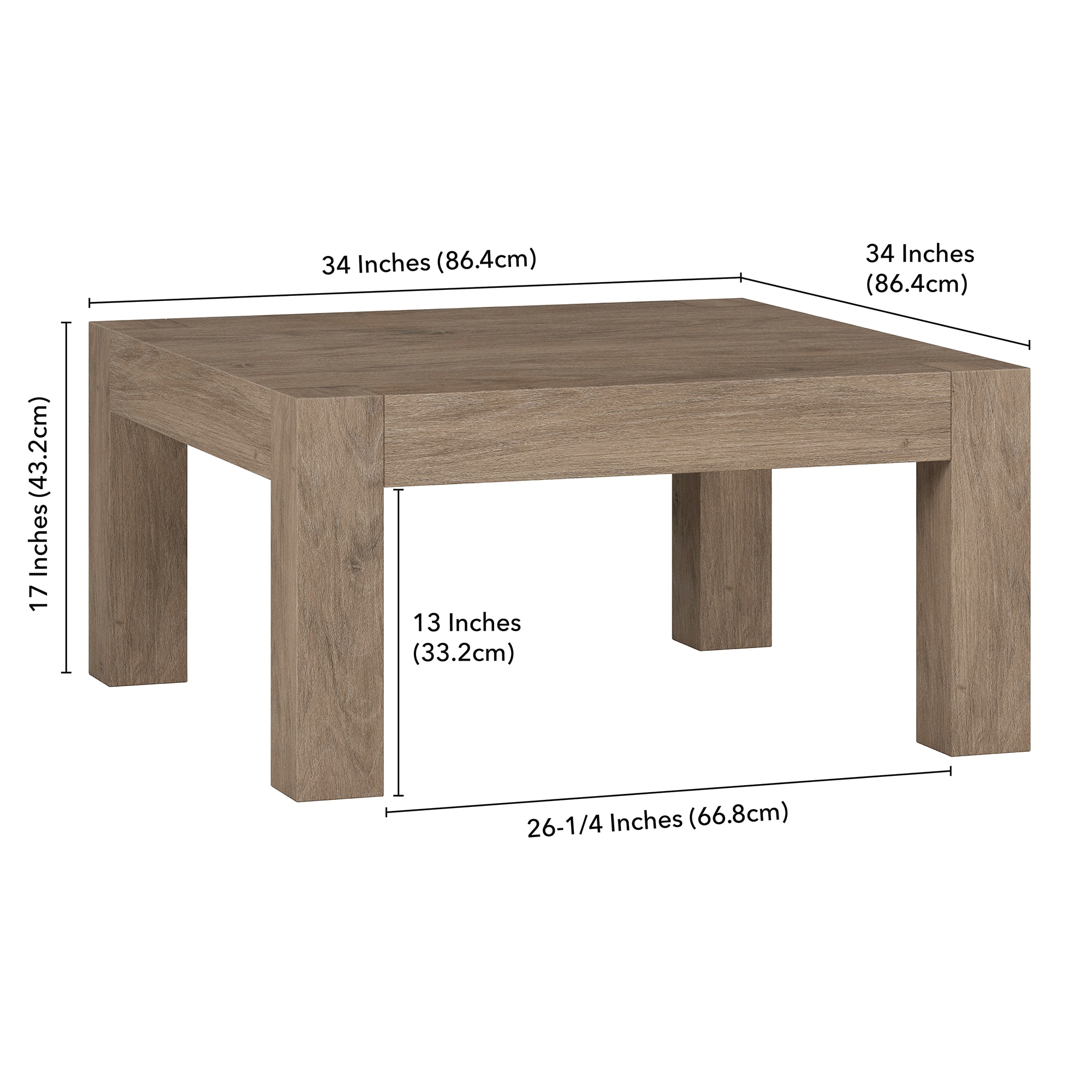 Antiqued Gray Oak Square MDF Coffee Table, 34 Inch