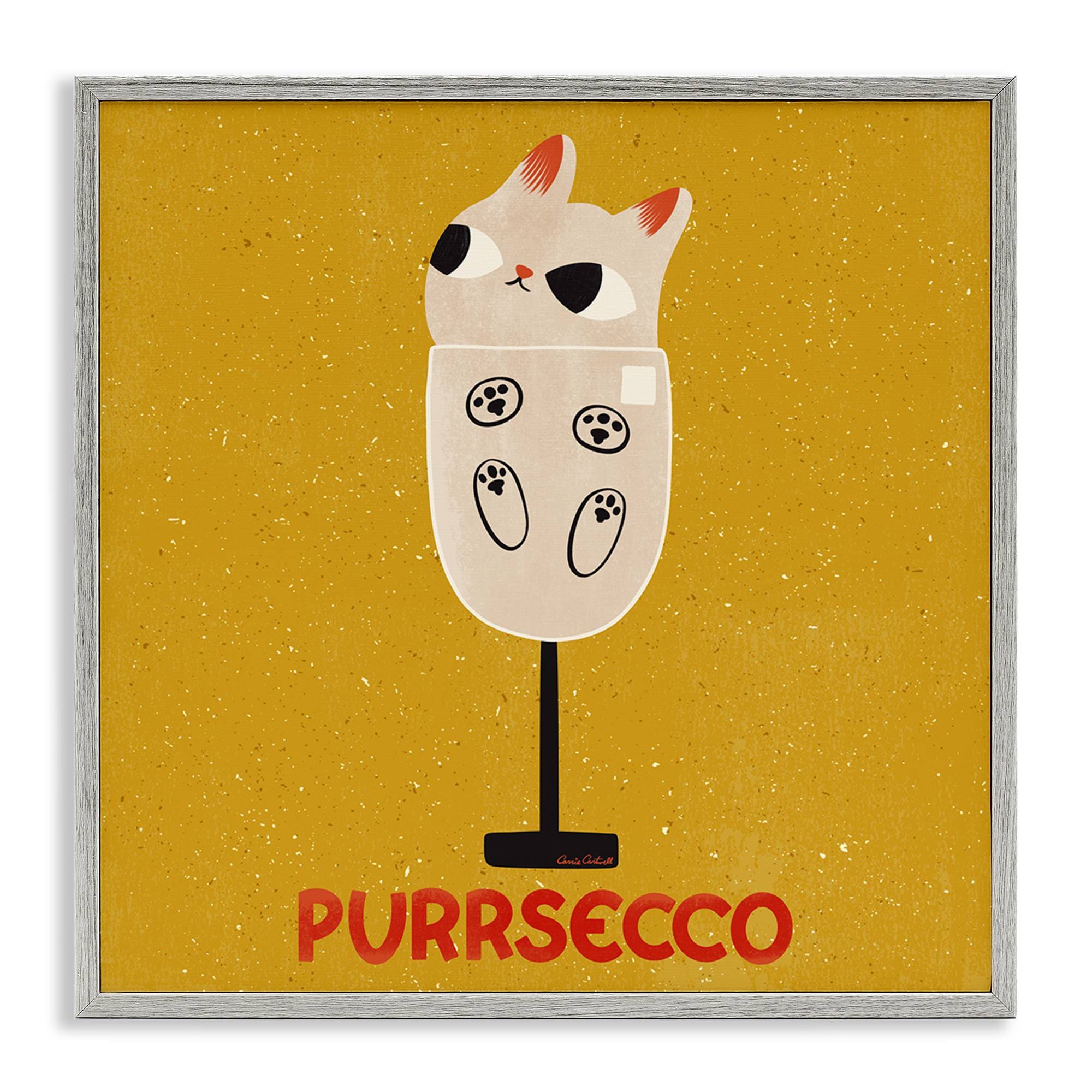 Stupell Industries -  Purrsecco Cat Wine Gray Framed Giclee Art By Carrie Cantwell 17 x 17
