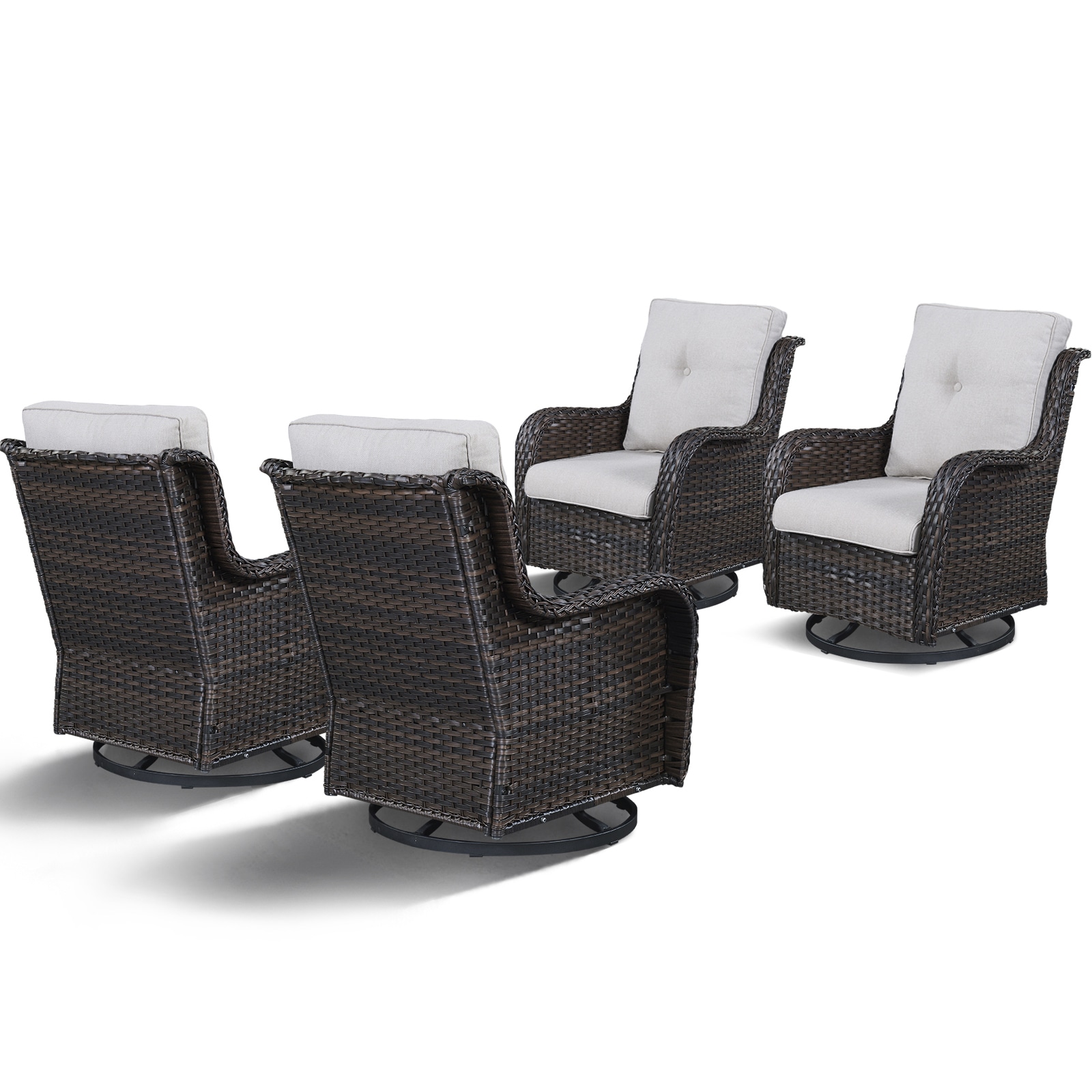Rilyson FS023-2X2 Curved armrest Set of 4 Wicker Brown Wicker Frame Swivel rocker Rocking Chair with Multiple colors/finishes Beige Cushioned Seat